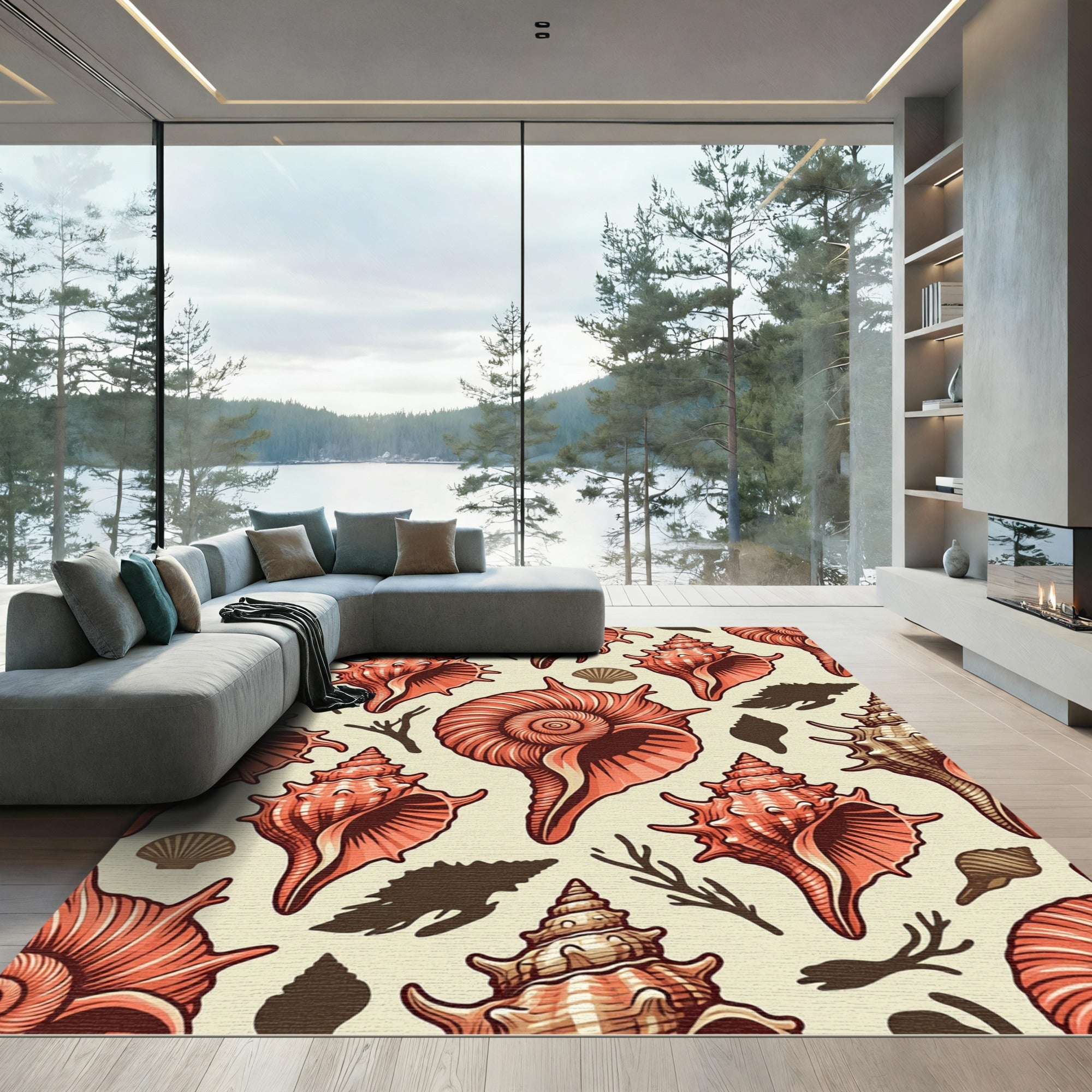Coastal Coral Shell Ocean Art Rug