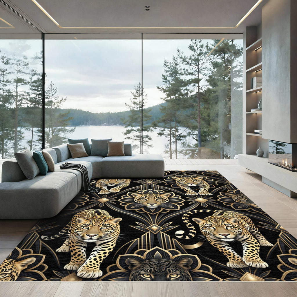 Gold Black Leopard Art Deco Rug