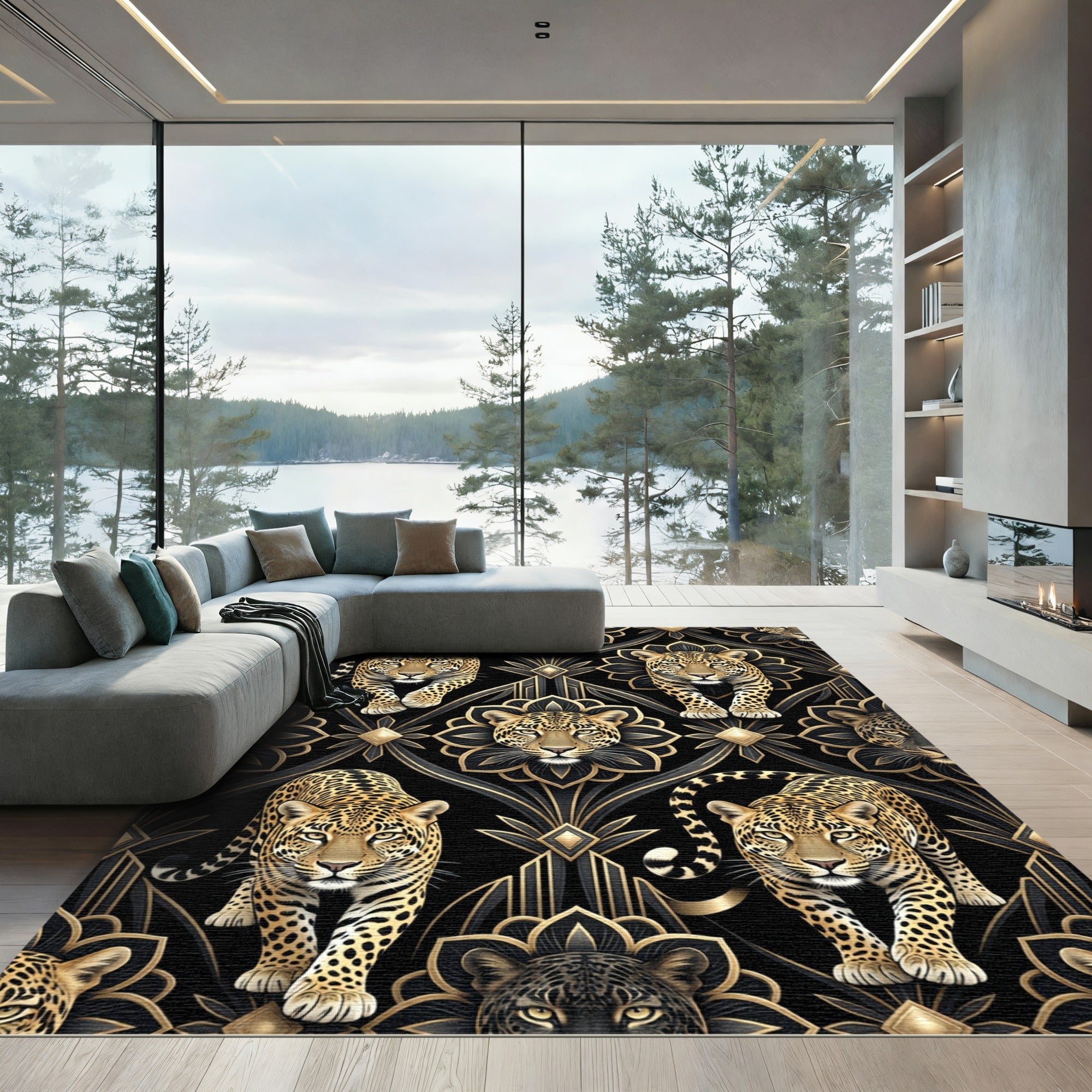Gold Black Leopard Art Deco Rug