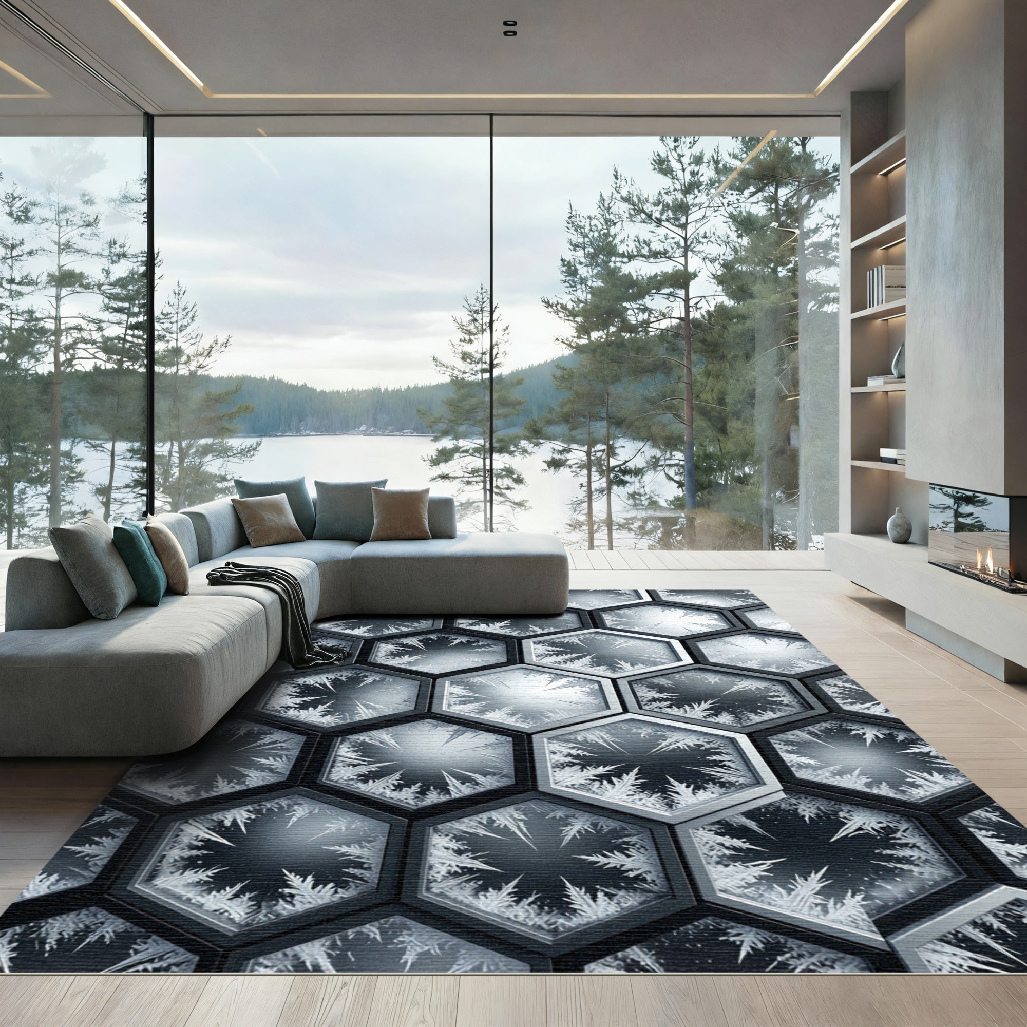 Monochrome Geometric Hexagon Frost Shards Rug