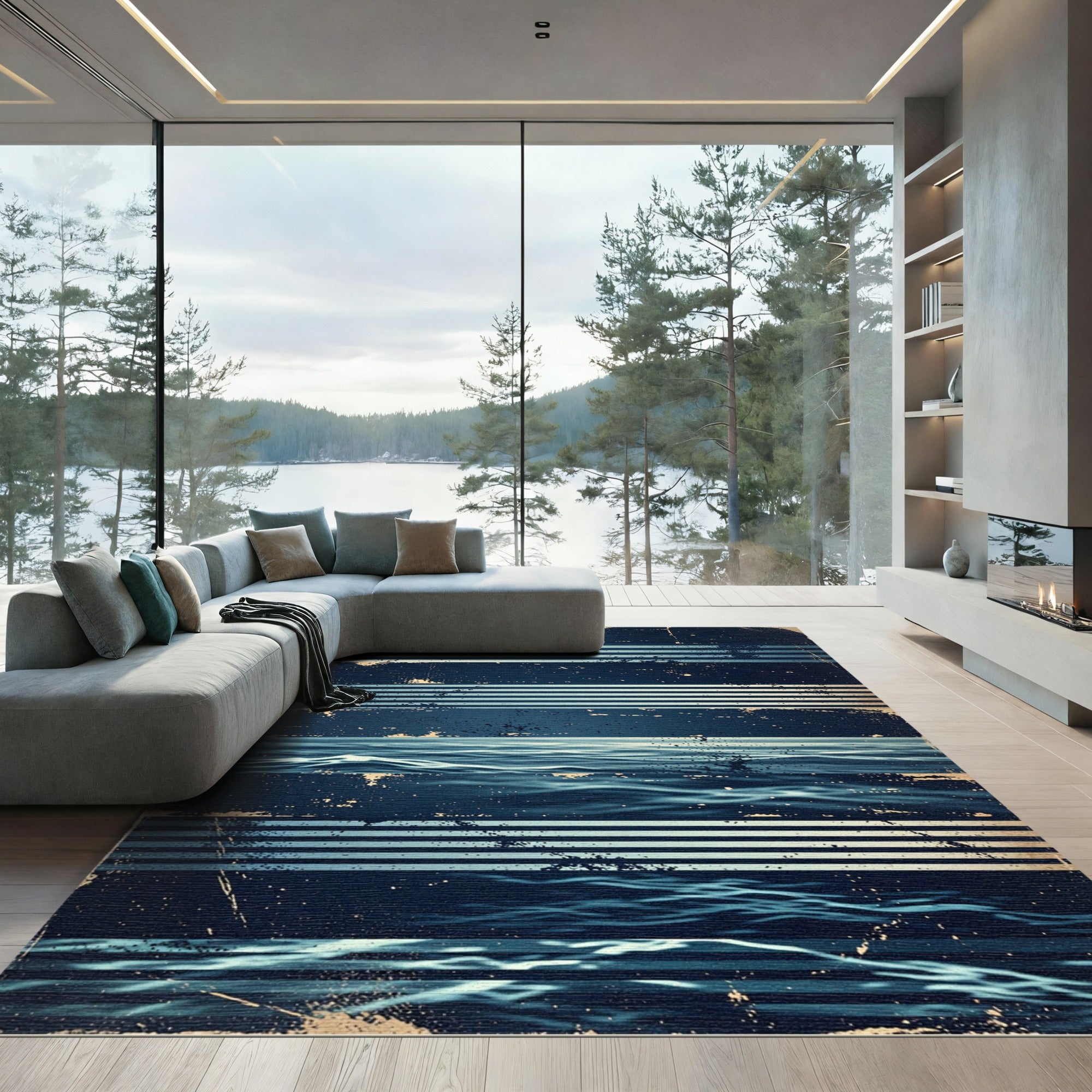 Distressed Navy Blue Oceanic Striped Horizon Rug