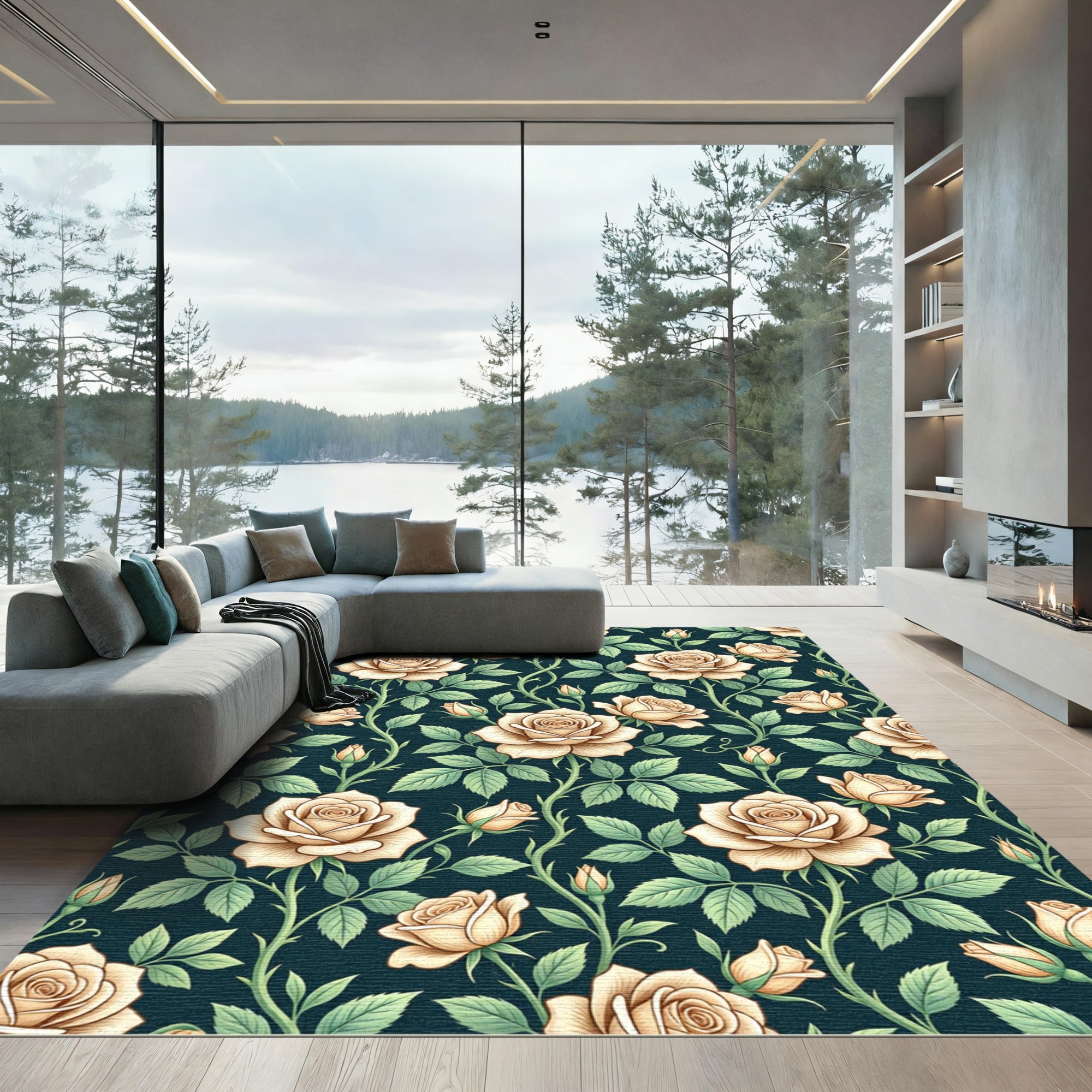 Elegant Cream Rose Botanical Midnight Backdrop Rug