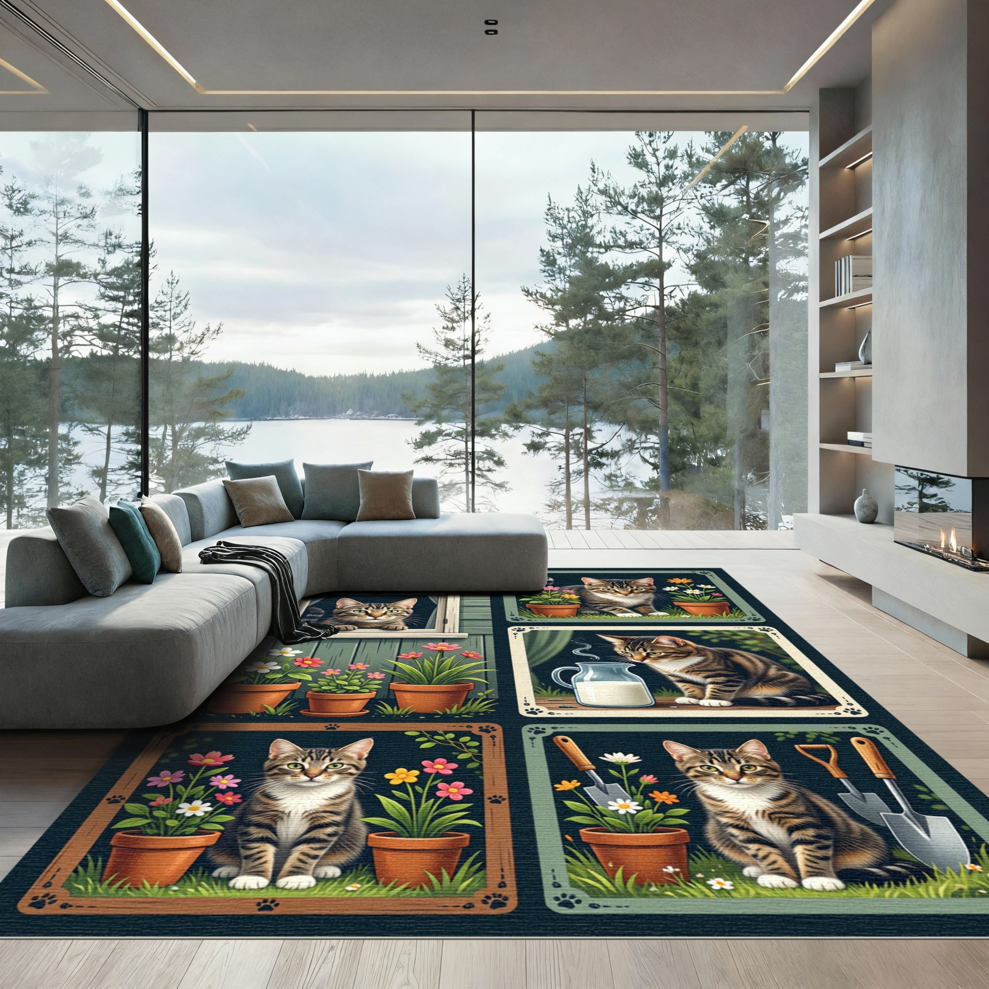 Charming Tabby Cat Garden Collage Rug