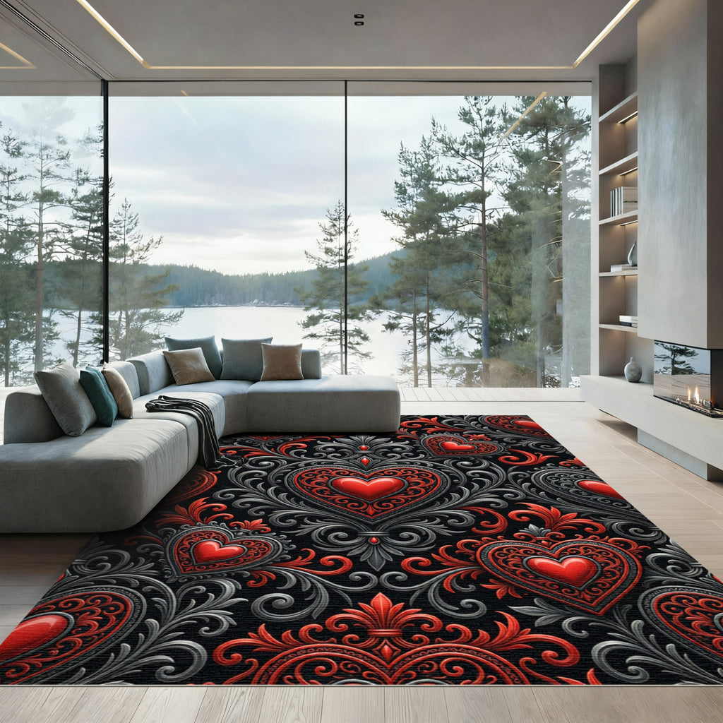 Ornate Red Heart Filigree Medallion Rug