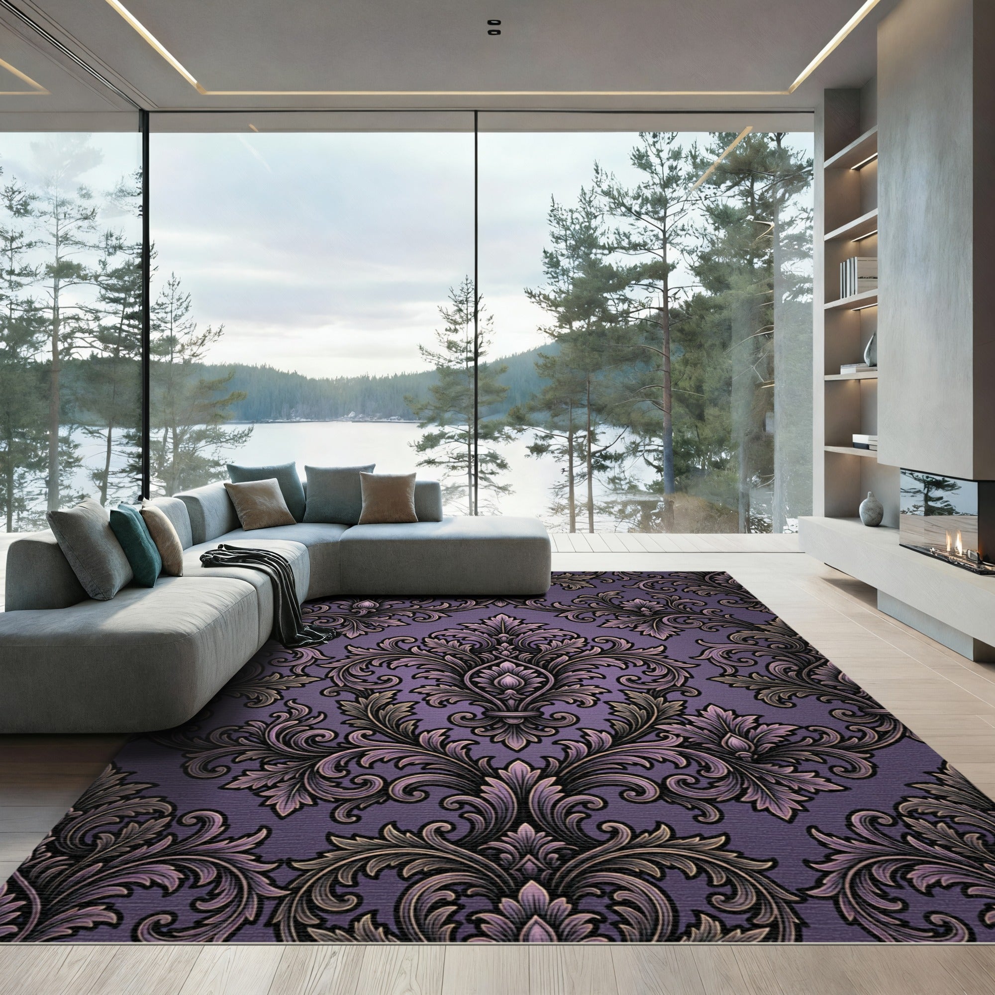 Dark Purple Damask Victorian Scroll Rug
