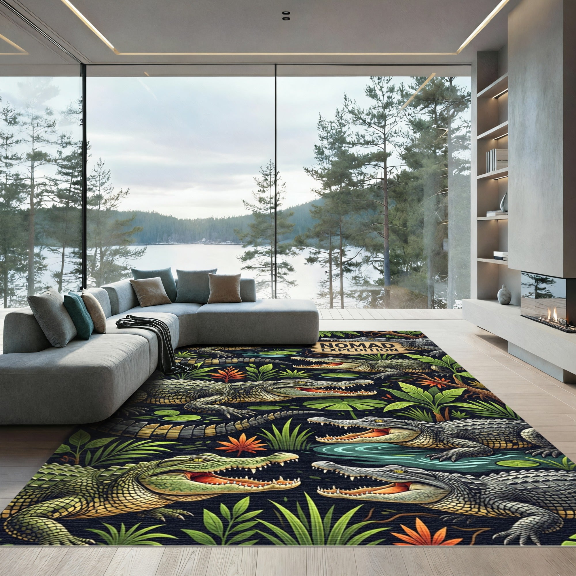 Vibrant Jungle Crocodile Reptile Scene Rug
