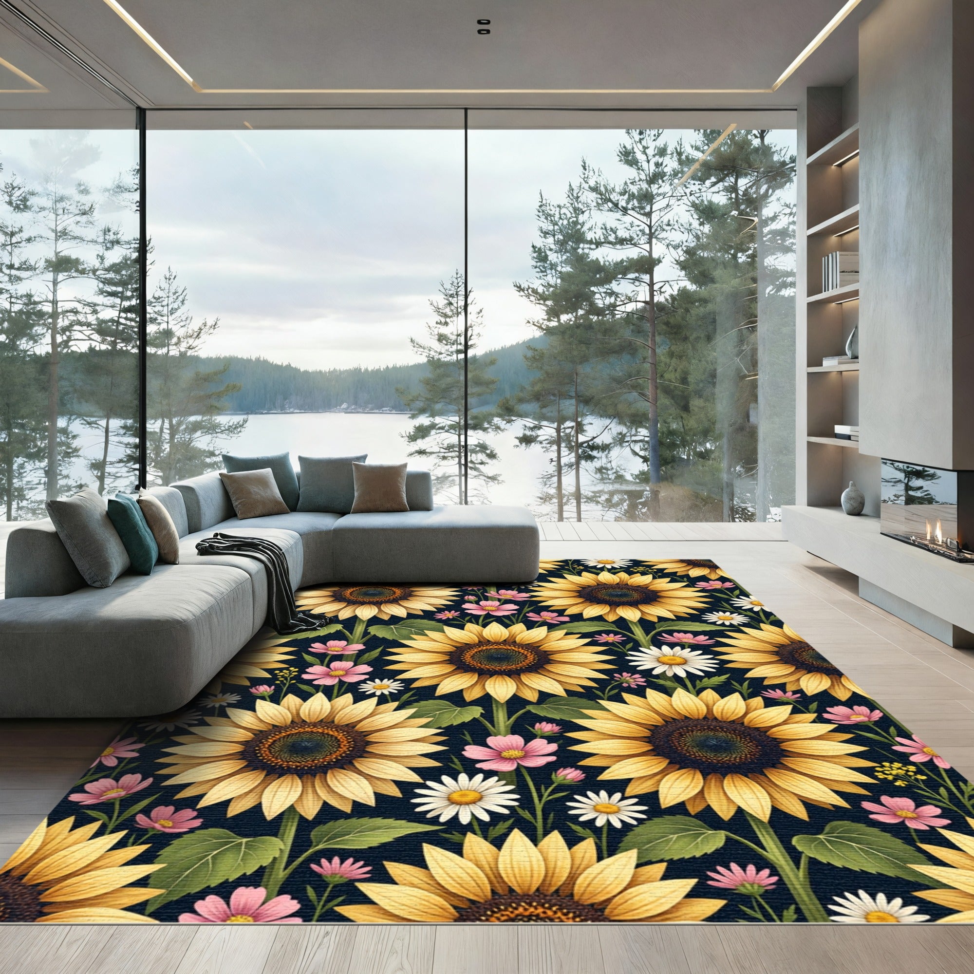 Vibrant Golden Sunflower Meadow Floral Rug