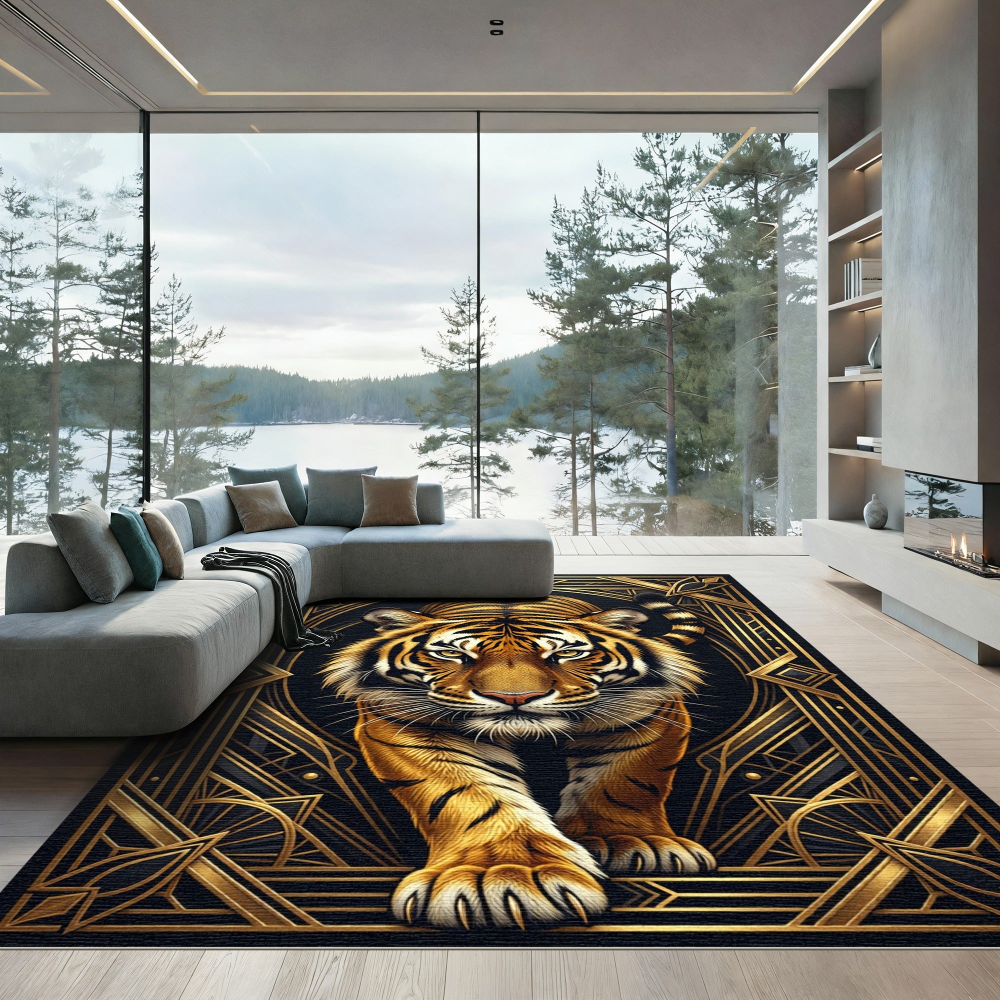 Majestic Tiger Gold Art Deco Frame Rug