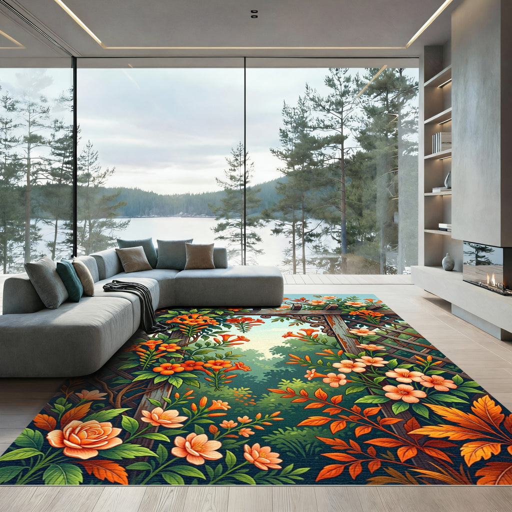 Orange Trumpet Vine Trellis Garden Rug