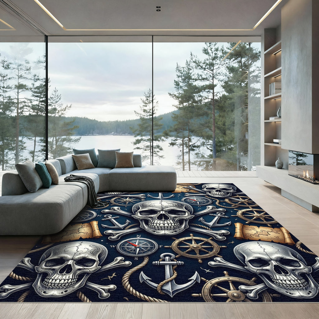 Gothic Nautical Skull and Compass Navy Rug
