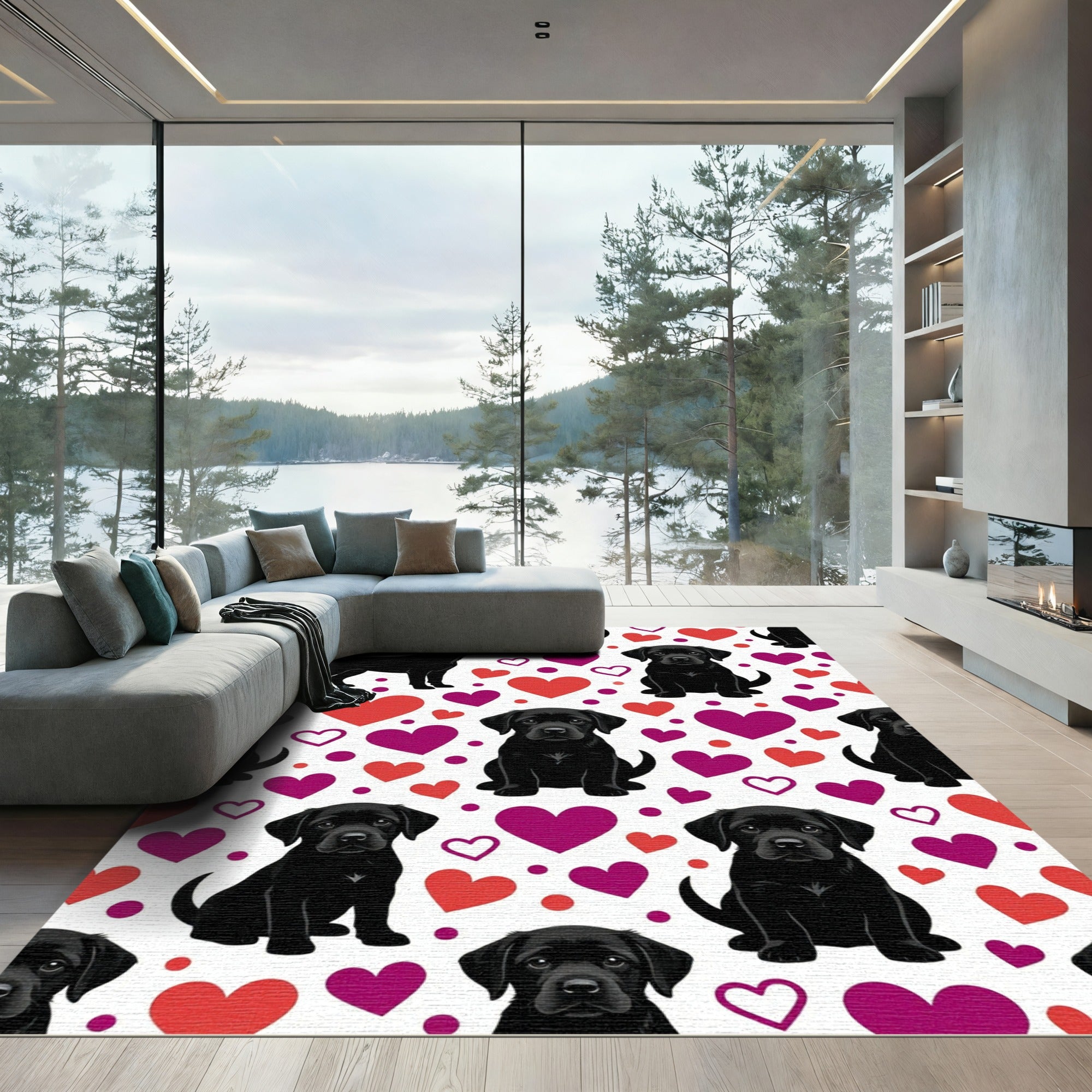 Black Labrador Puppy and Heart Hearts Rug