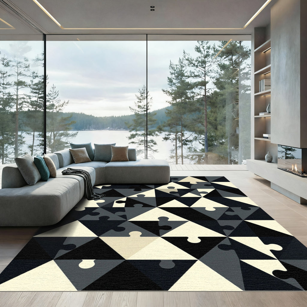 Monochrome Geometric Jigsaw Triangle Abstract Rug