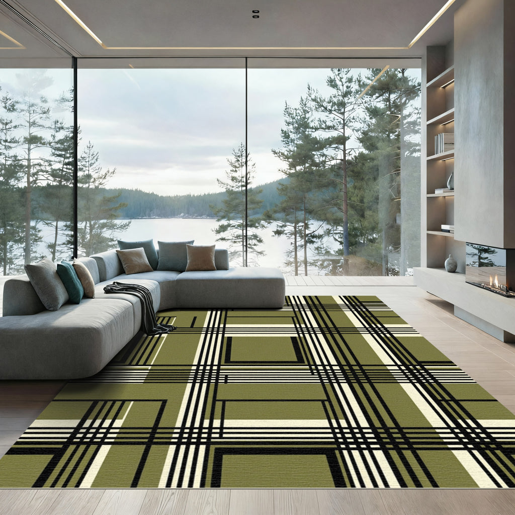 Olive Green Grid Plaid Geometric Rug