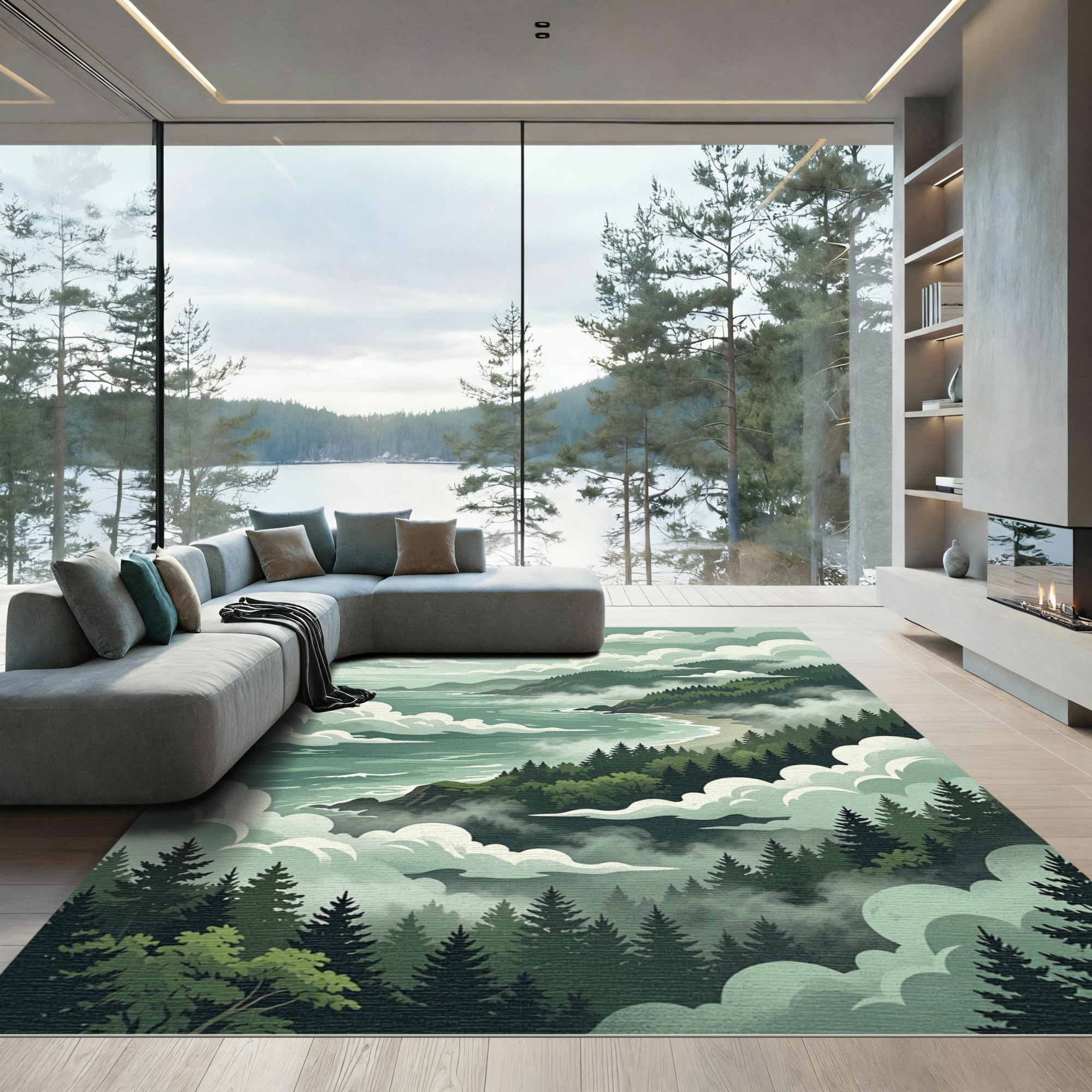 Foggy Coastal Forest Landscape Scene Rug