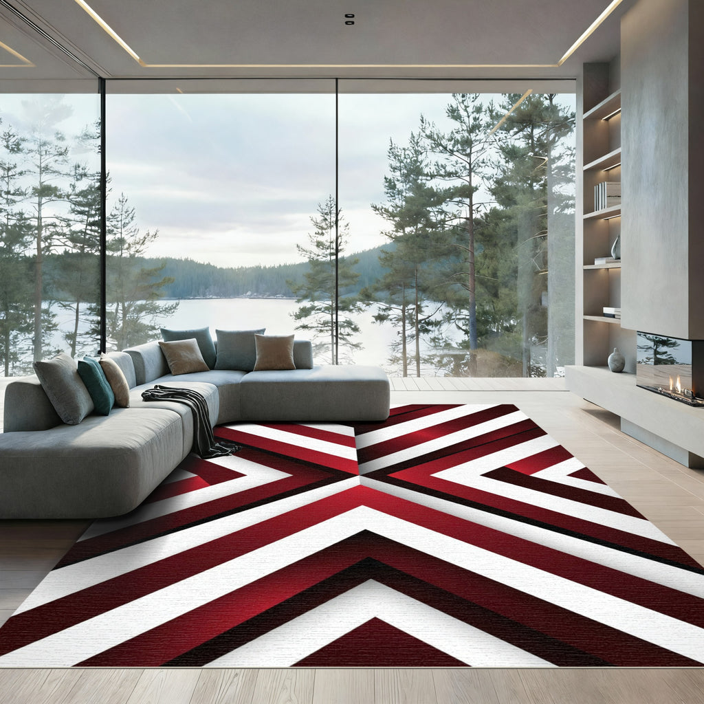 Crimson White Chevron Illusion Rug