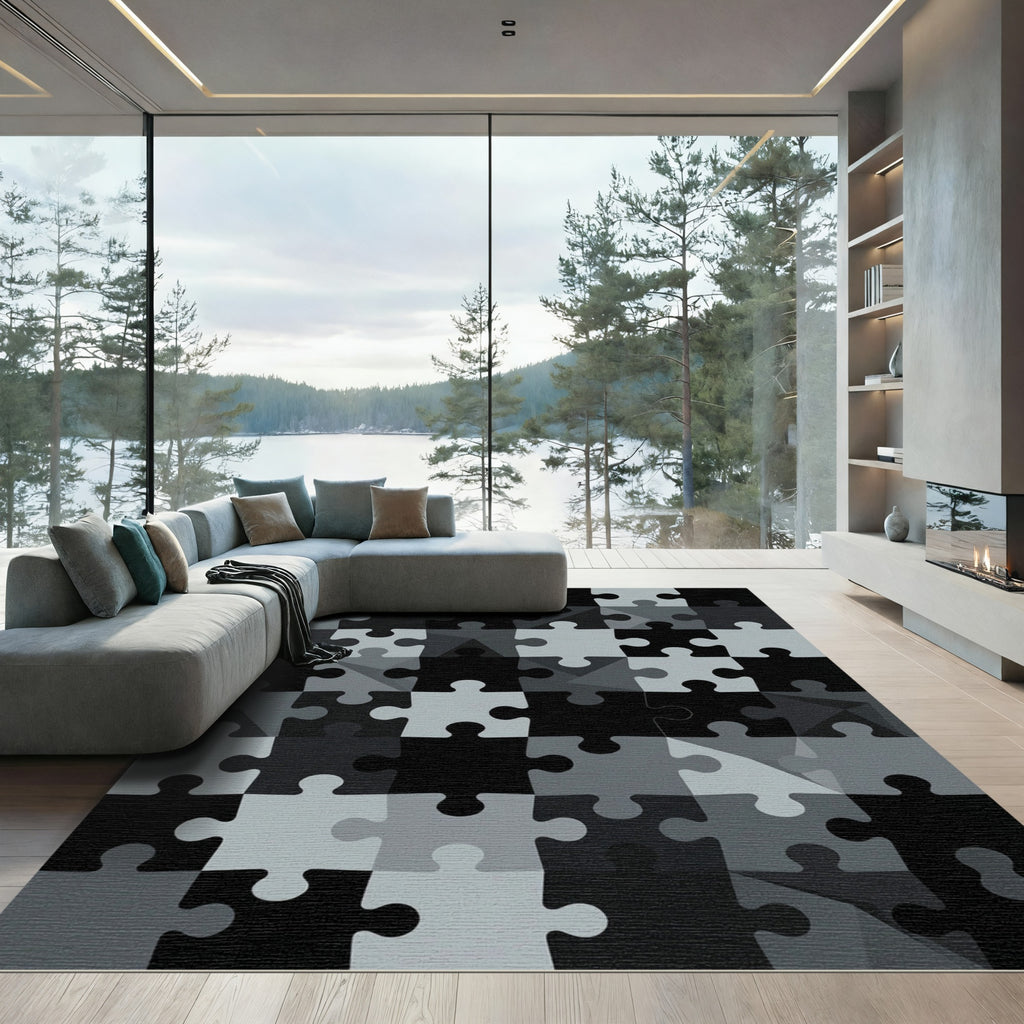 Monochrome Geometric Jigsaw Puzzle Abstract Rug