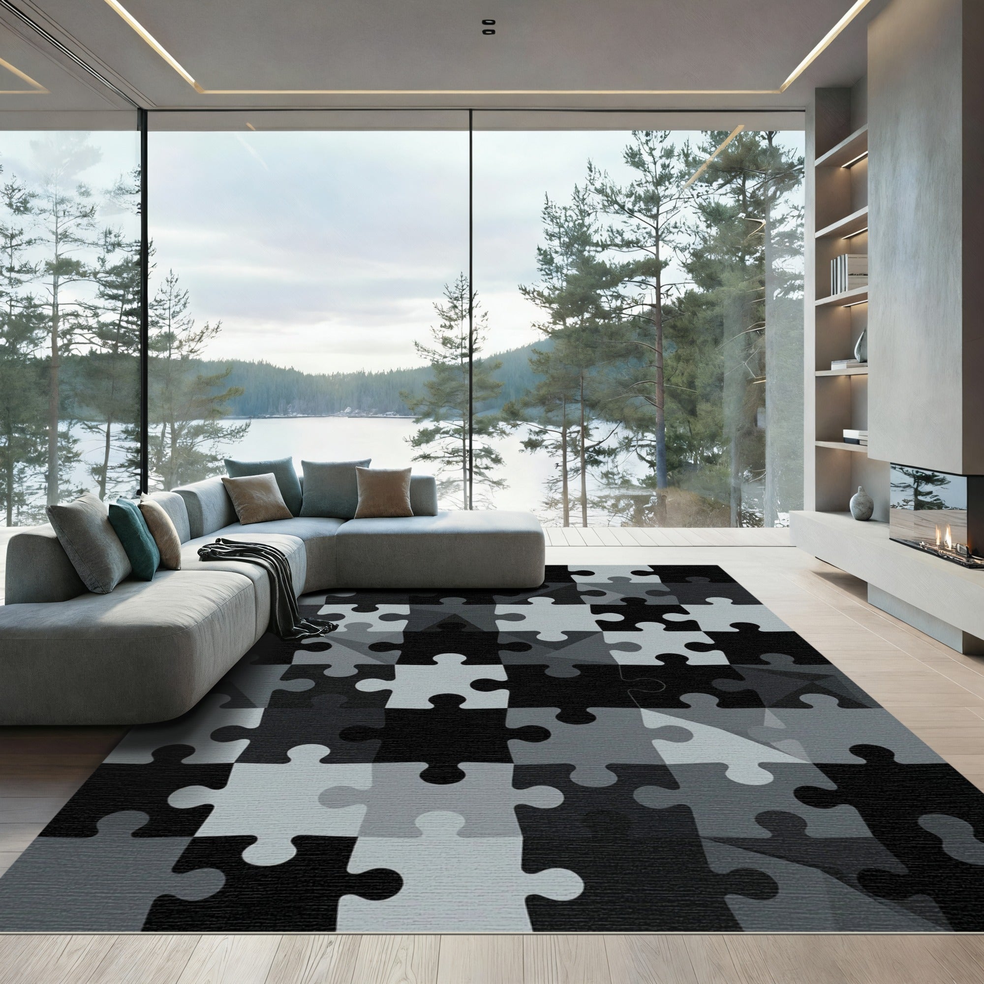 Monochrome Geometric Jigsaw Puzzle Abstract Rug