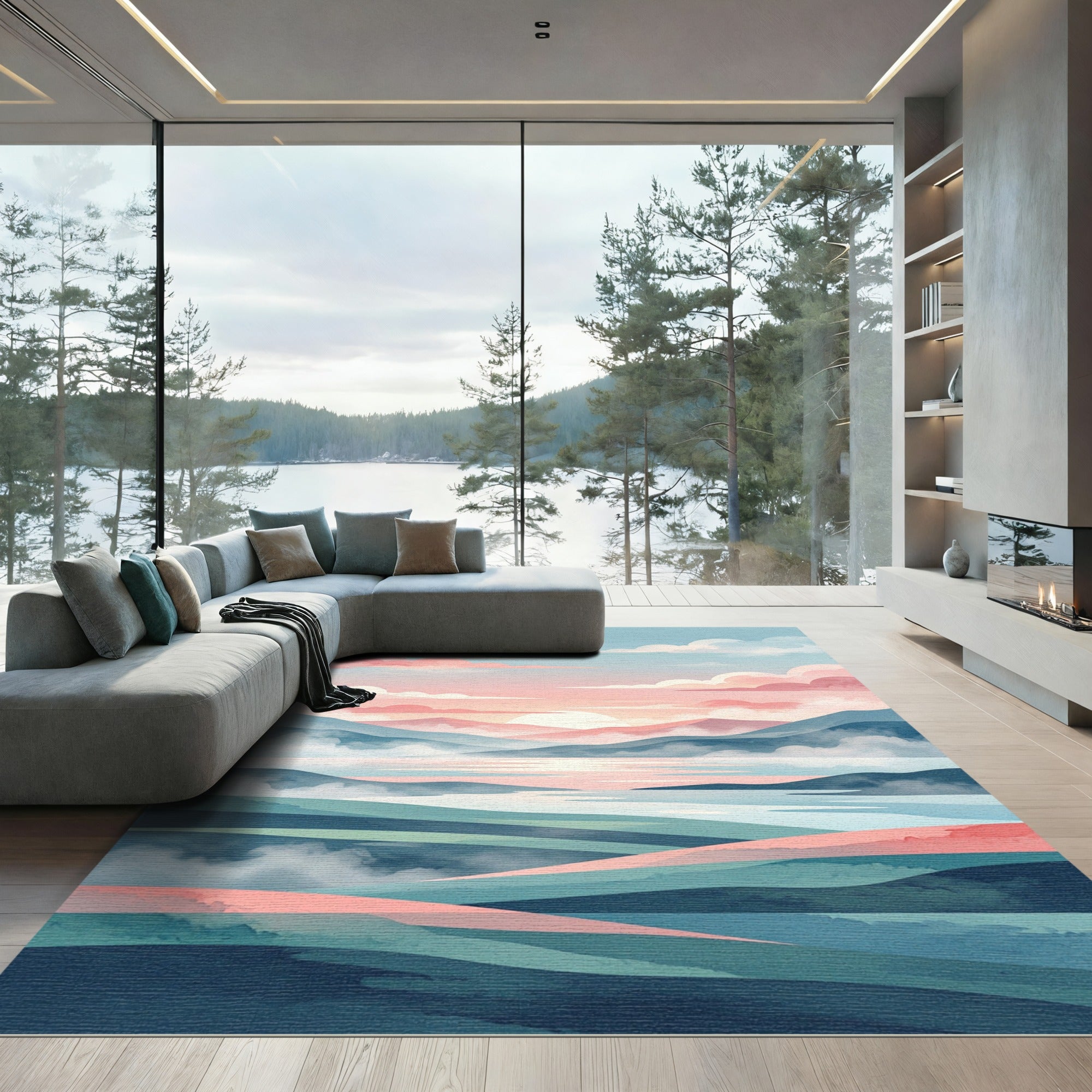 Ethereal Pink Mountain Sunset Landscape Rug