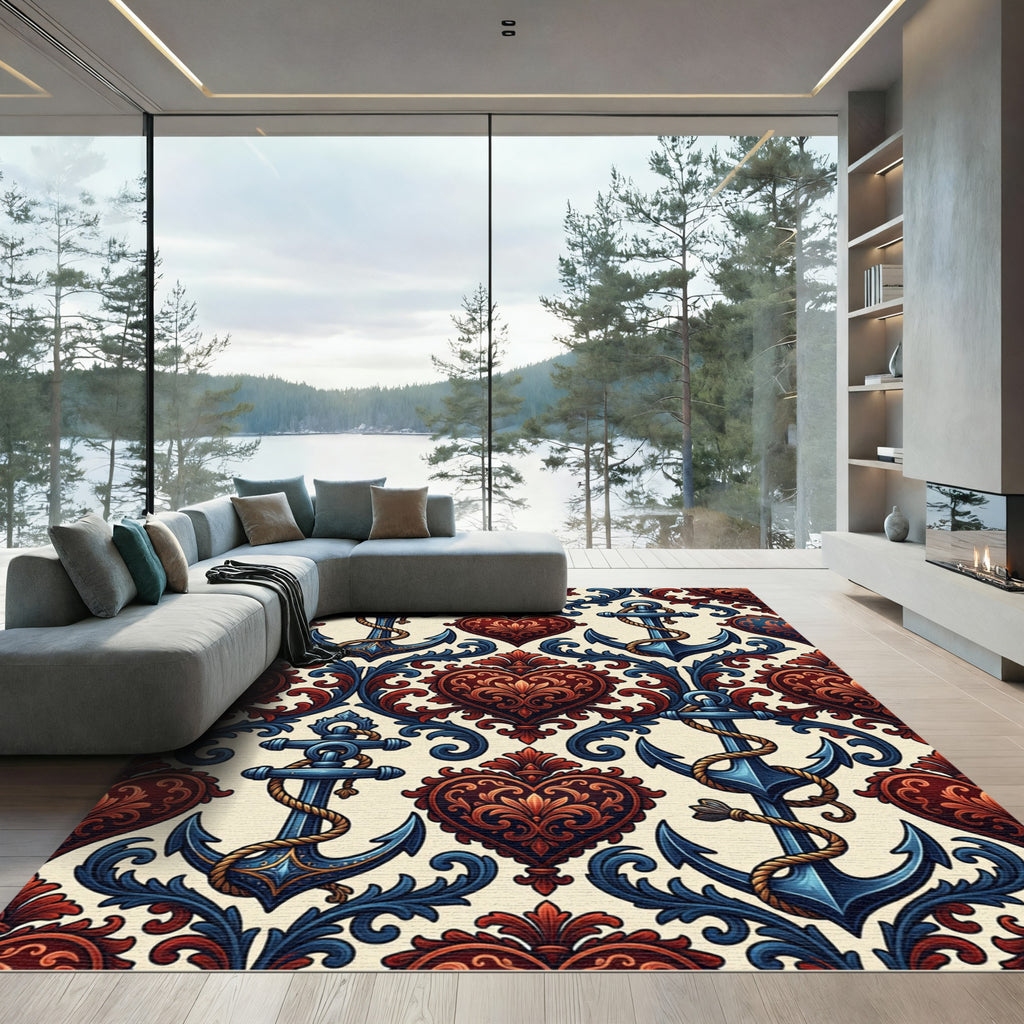 Ornate Scarlet Anchor Heart Filigree Rug
