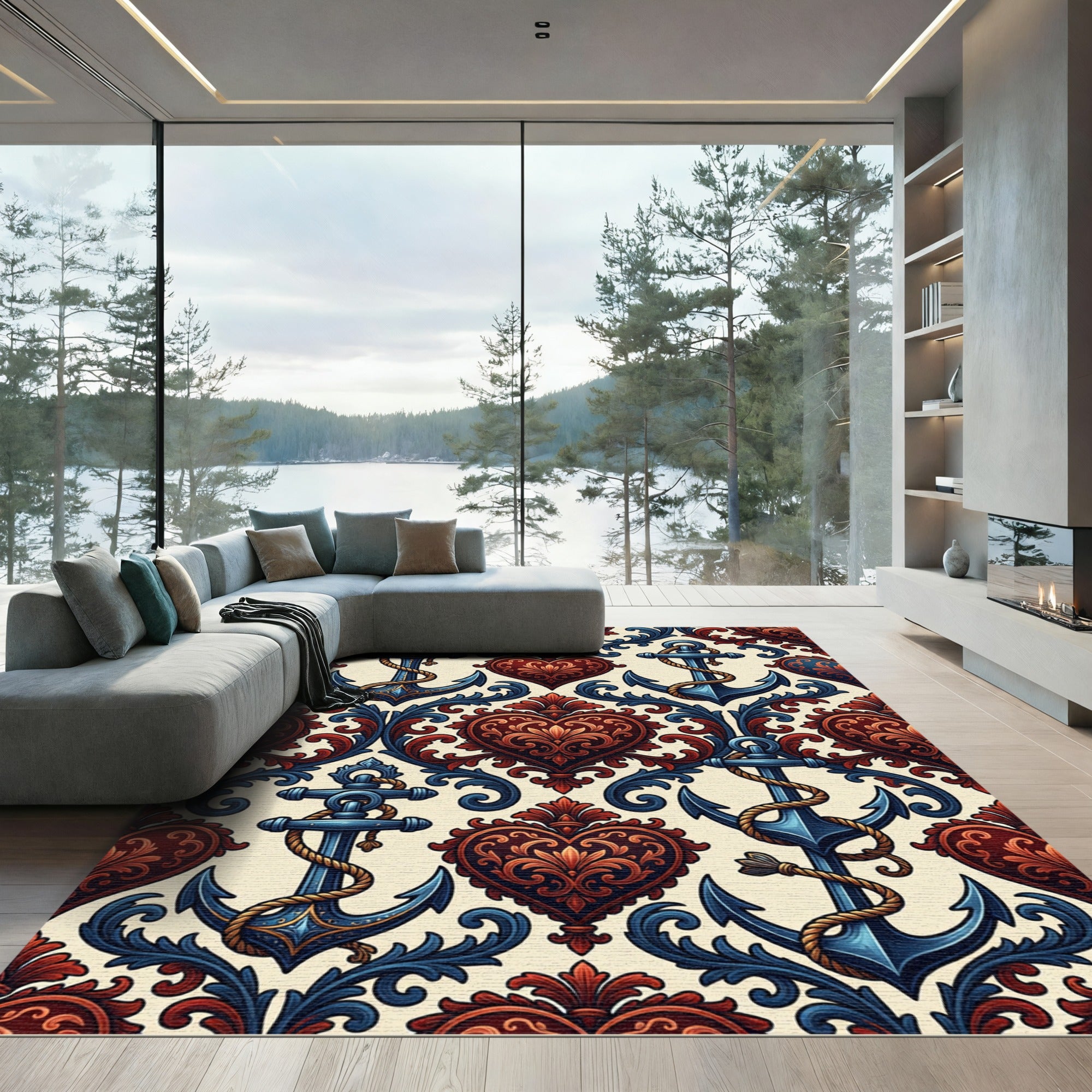 Ornate Scarlet Anchor Heart Filigree Rug