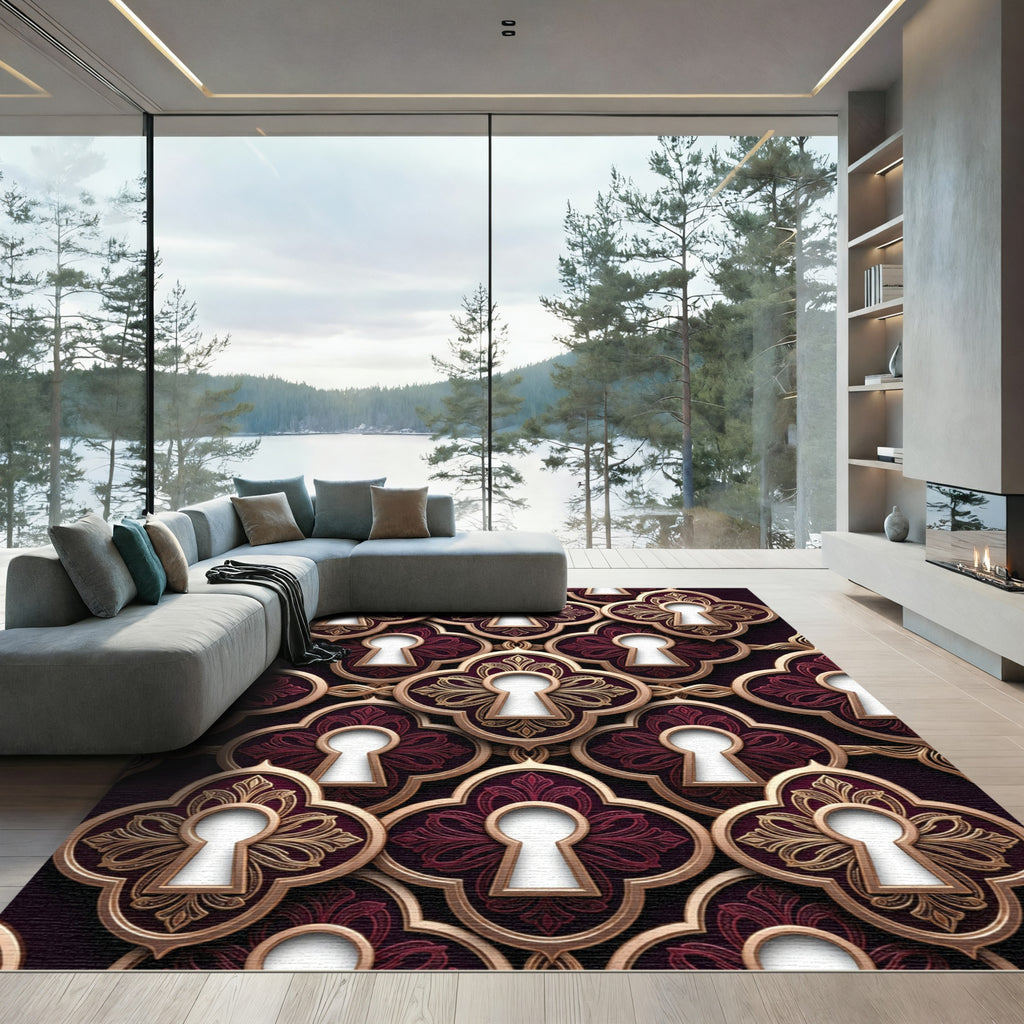 Ornate Burgundy and Gold Filigree Keyhole Rug