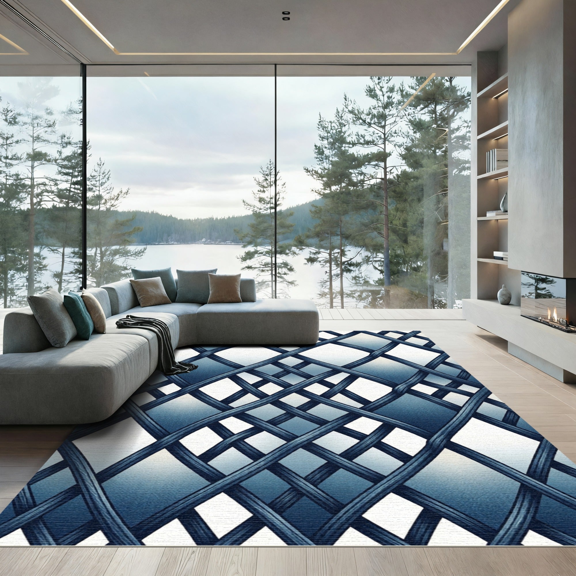 Interwoven Navy Blue Geometric Grid Rug