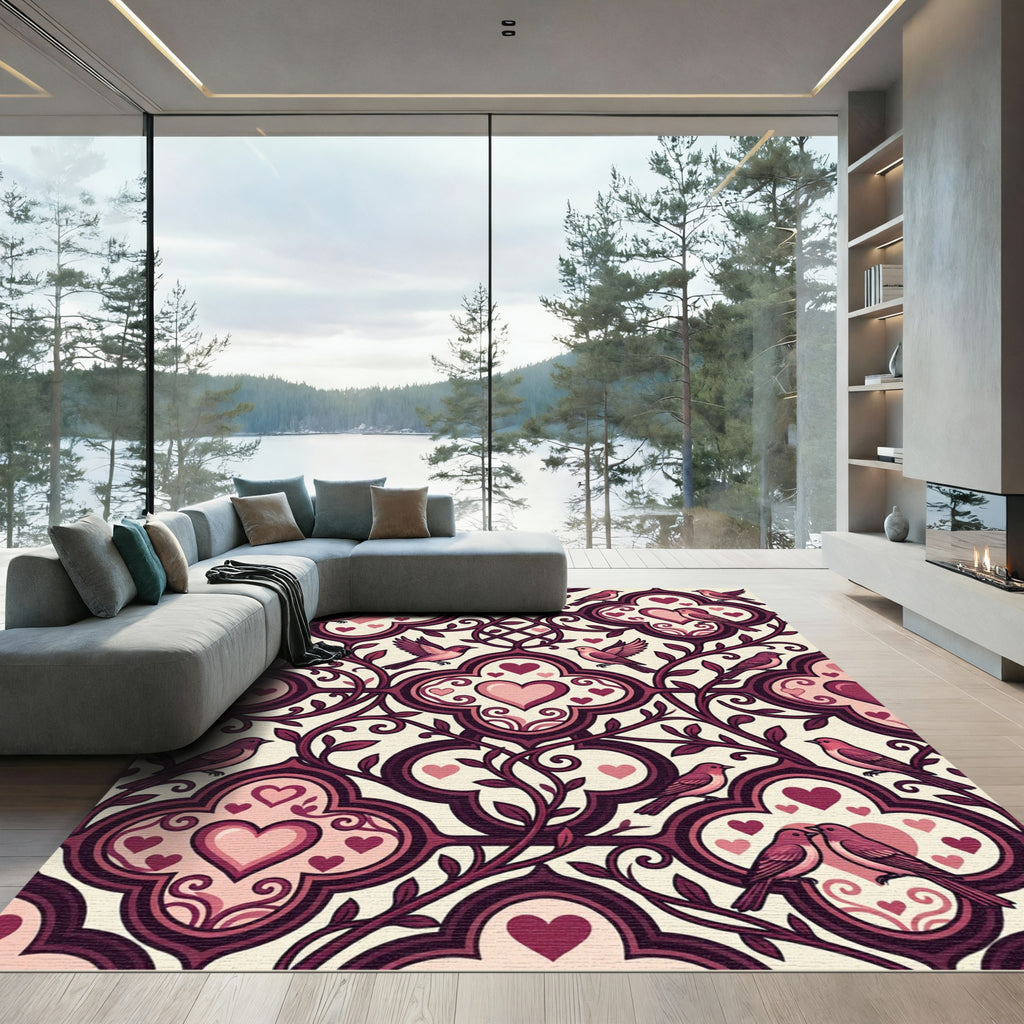 Romantic Pink Birds Hearts Vines Swirl Rug