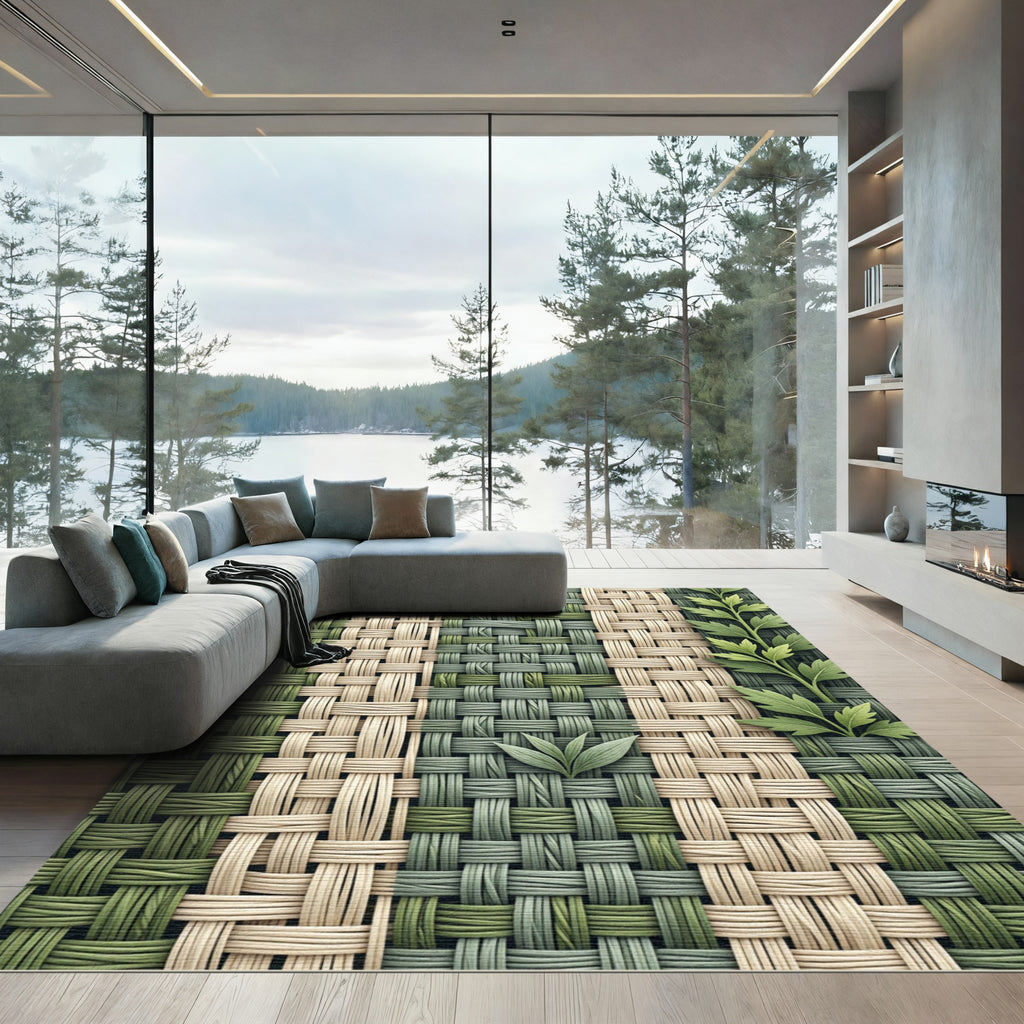 Earthy Sage Woven Basket Weave Botanical Rug