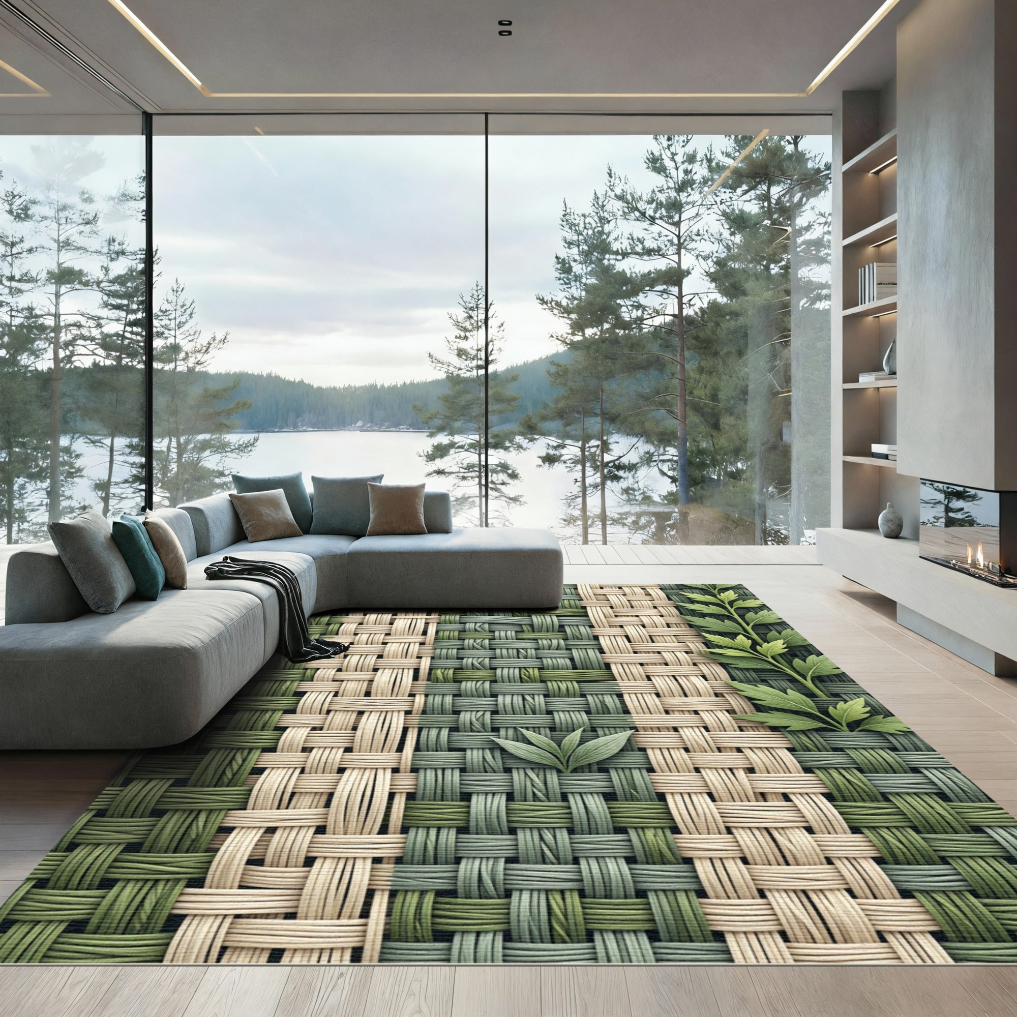 Earthy Sage Woven Basket Weave Botanical Rug