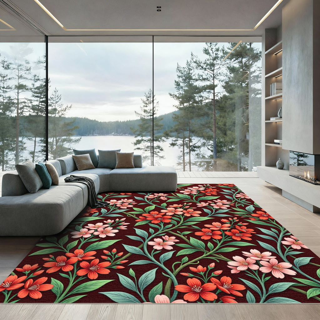 Crimson Coral Floral Vine Ensemble Rug
