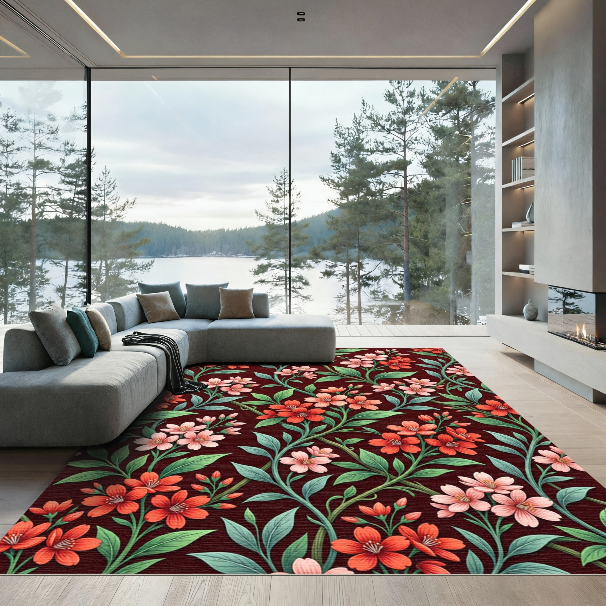 Crimson Coral Floral Vine Ensemble Rug