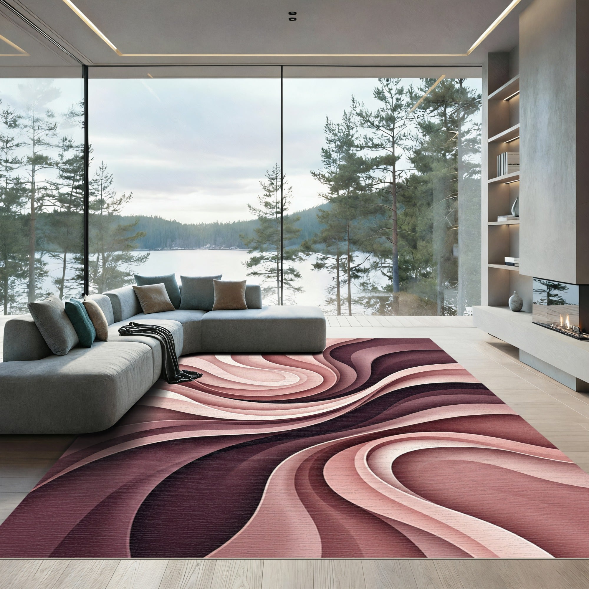 Modern Blush Abstract Wave Rug