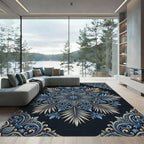 Sophisticated Navy Blue Ornate Floral Medallion Rug