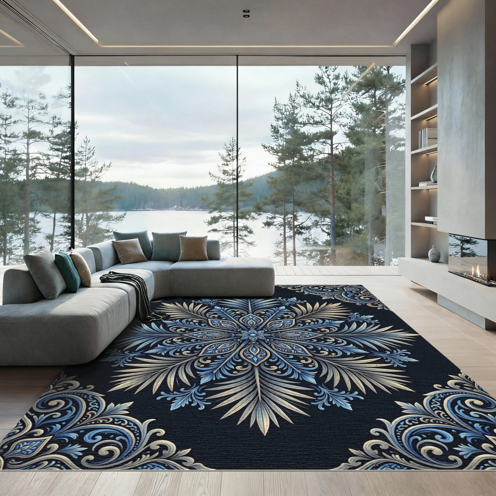 Sophisticated Navy Blue Ornate Floral Medallion Rug