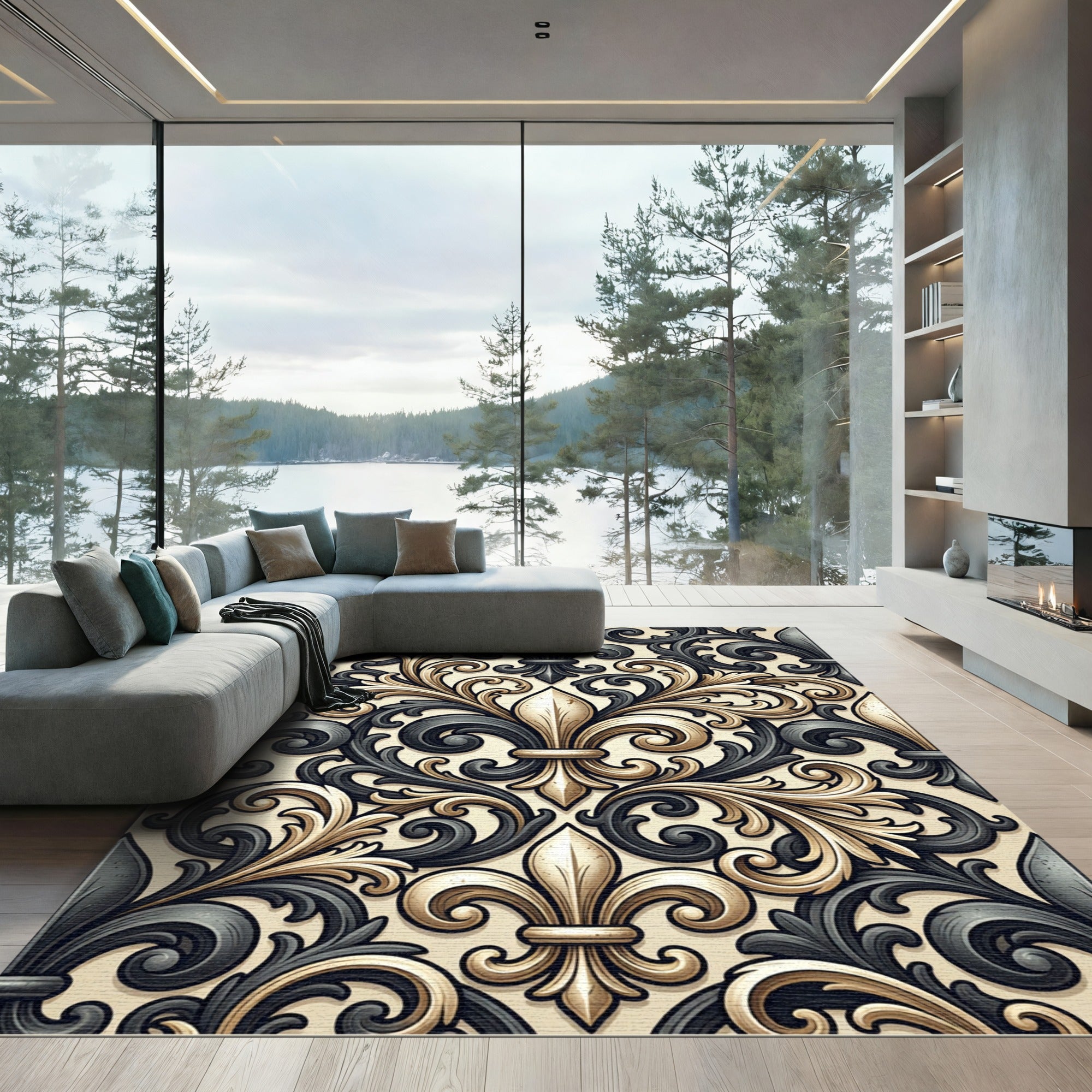 Elegant Gold and Charcoal Fleur-de-lis Rug
