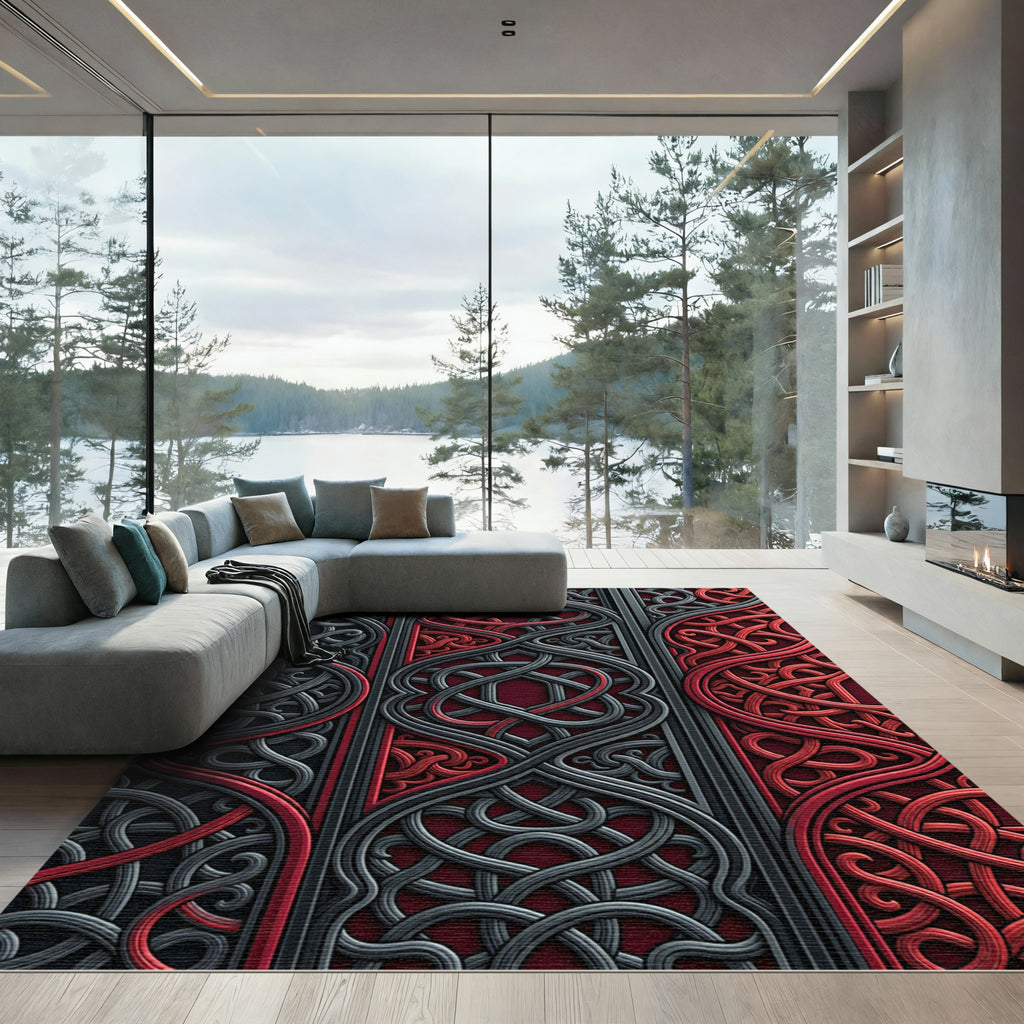 Crimson and Charcoal Interlocking Celtic Knot Rug