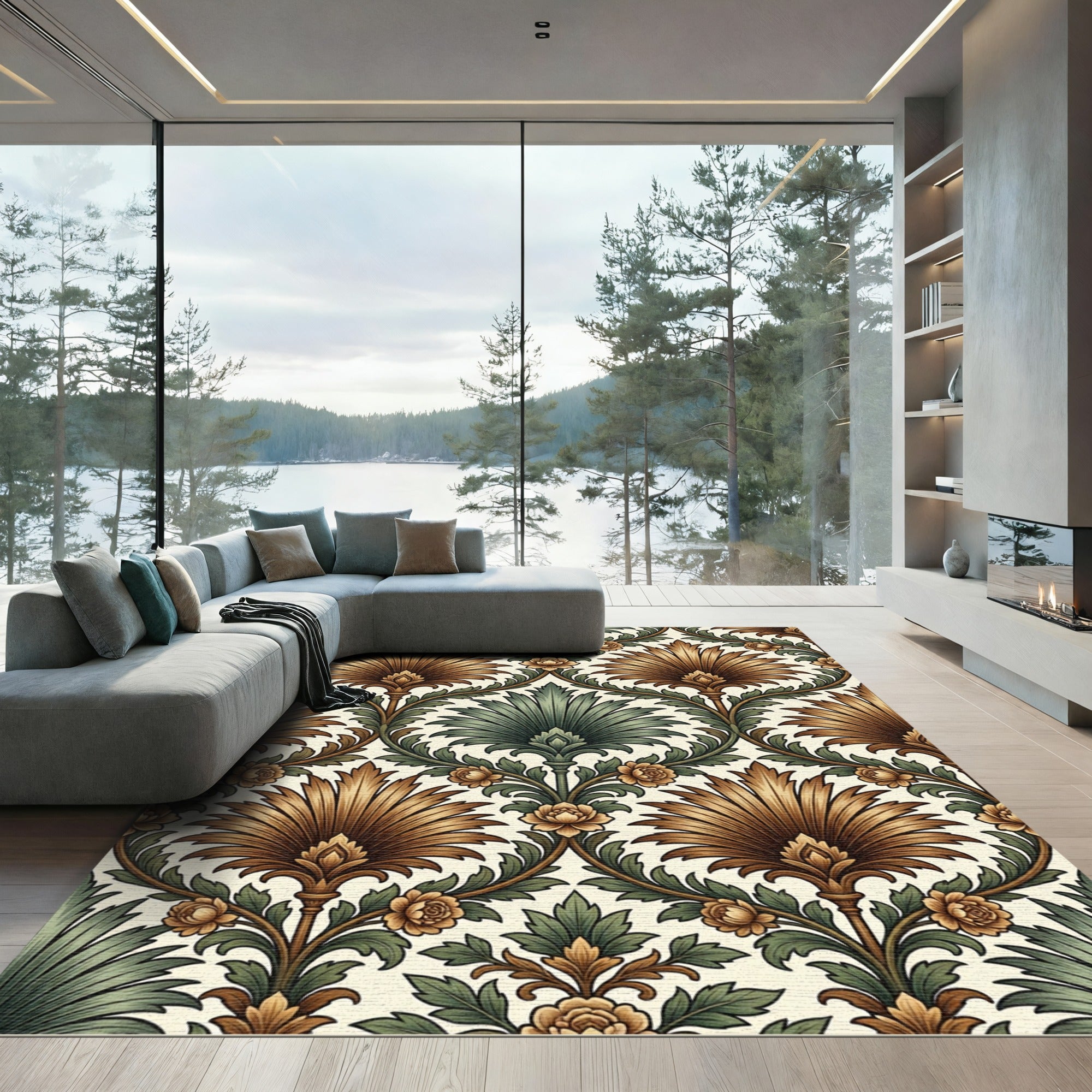 Elegant Gold and Sage Foliage Damask Rug