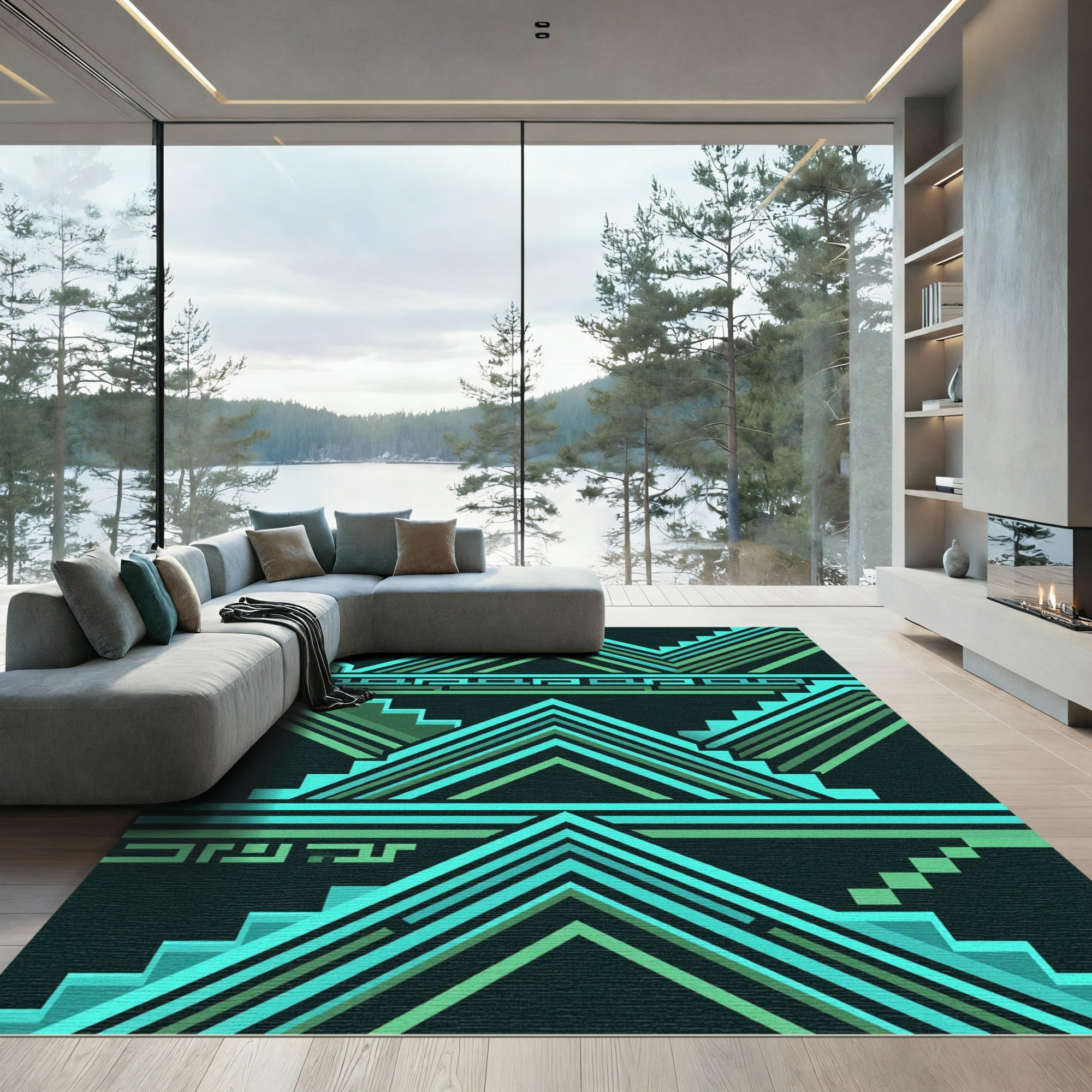 Aqua Teal Geometric Staircase Horizon Rug