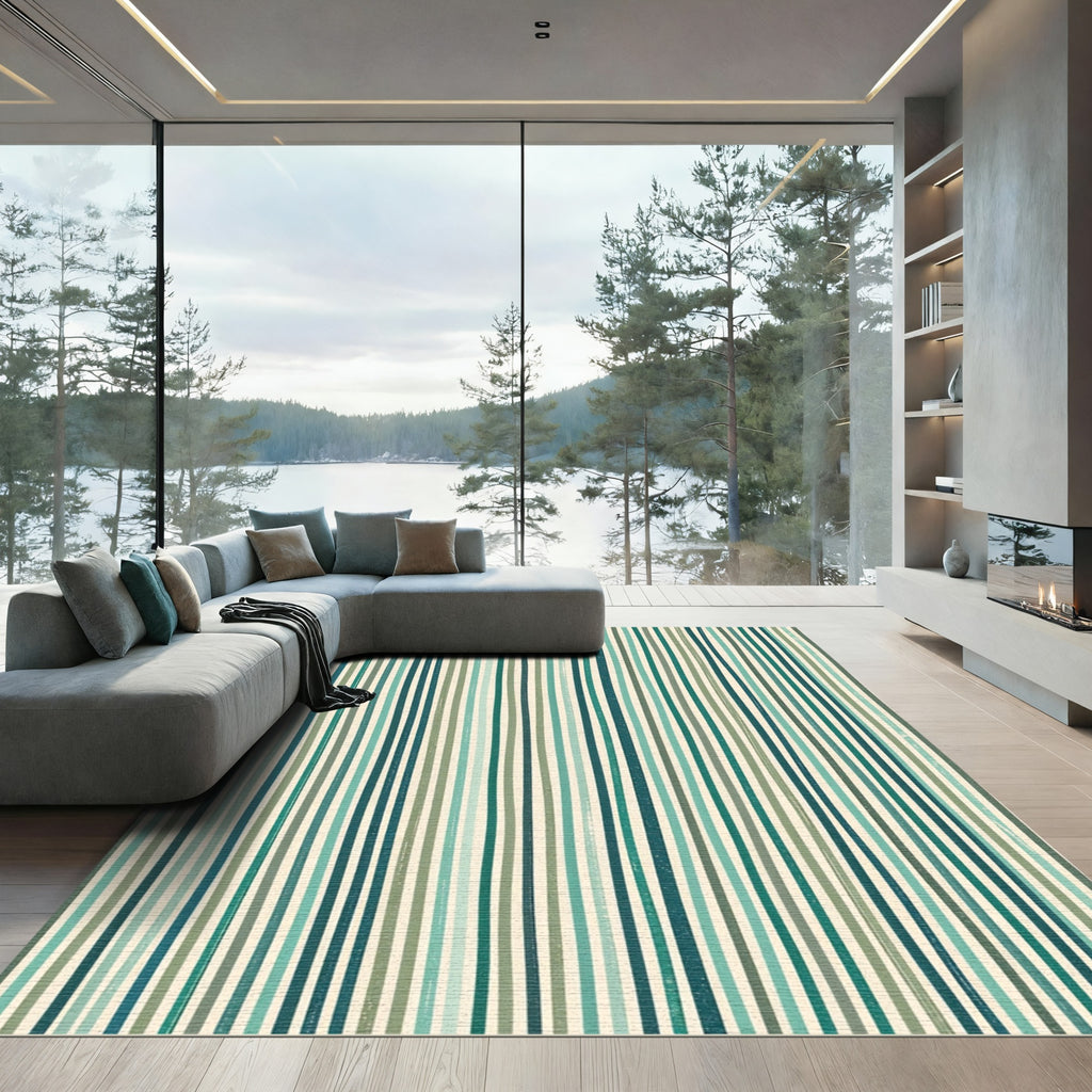 Coastal Emerald and Sage Striped Wallcovering Rug