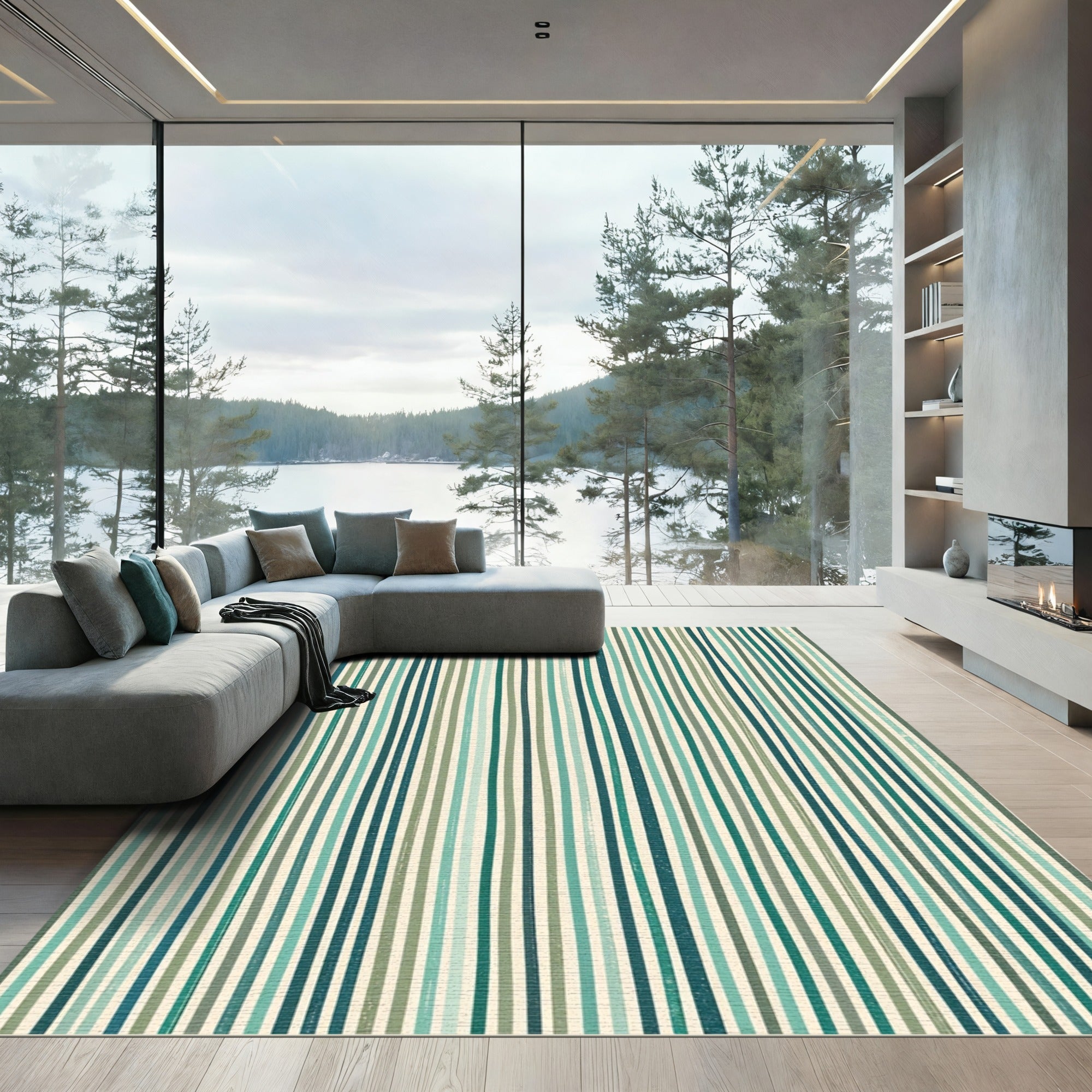 Coastal Emerald and Sage Striped Wallcovering Rug