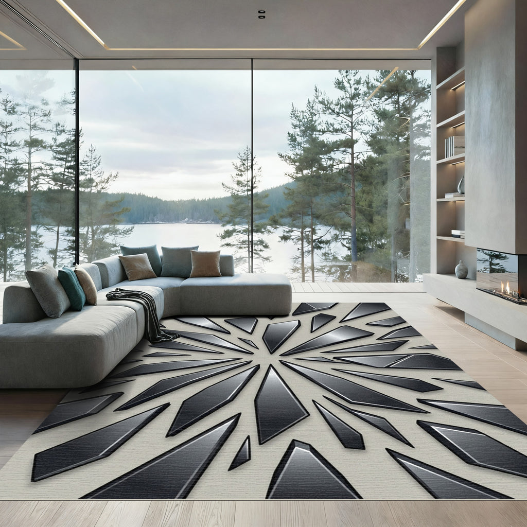 Modern Metallic Charcoal Shattered Glass Art Rug