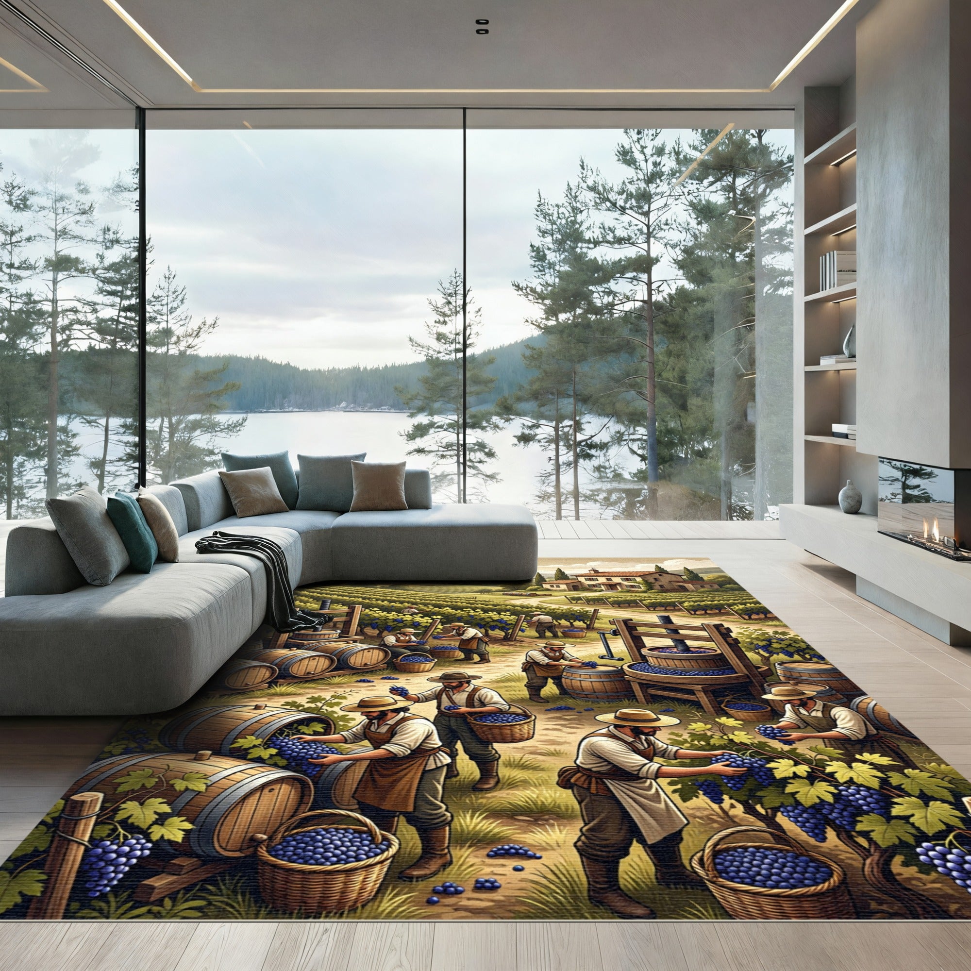 Pastoral Vineyard Harvest Landscape Scene Rug