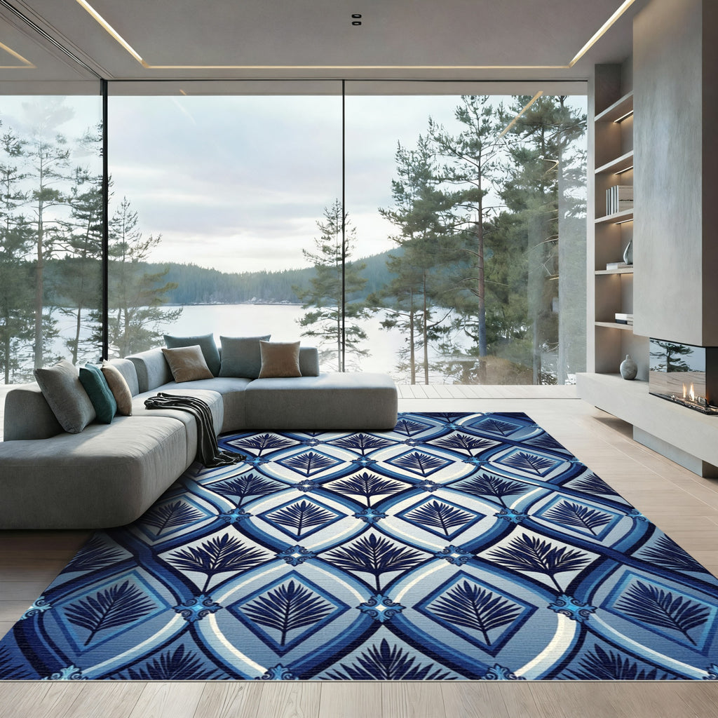 Deep Blue Diamond Deco Palm Rug
