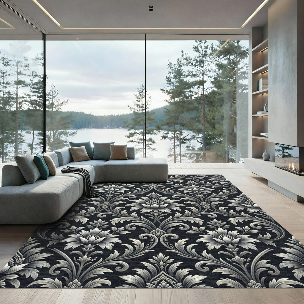 Elegant Black Floral Scroll Work Rug