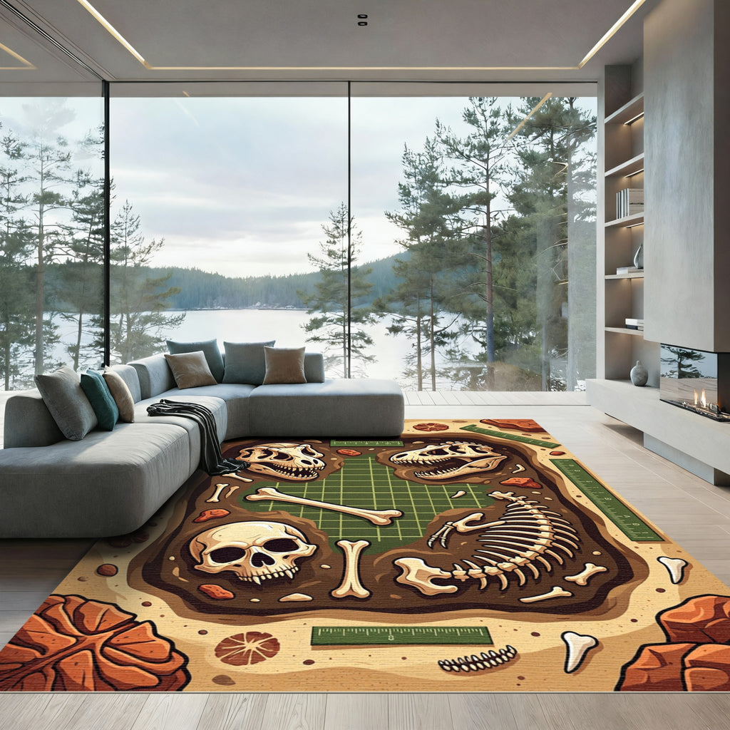 Paleontology Excavation Dinosaur Fossil Grid Earthy Rug