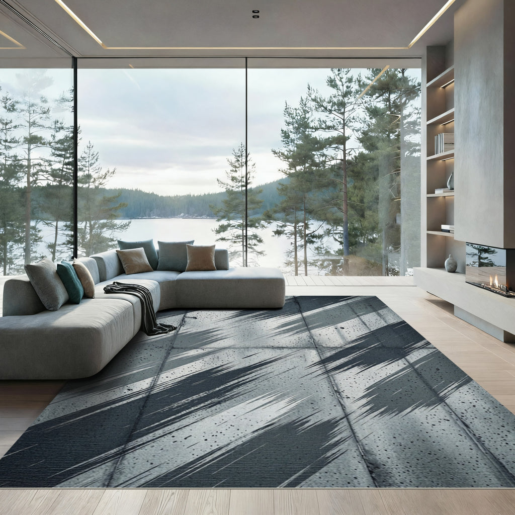 Dramatic Gray Splattered Diagonal Stripes Rug