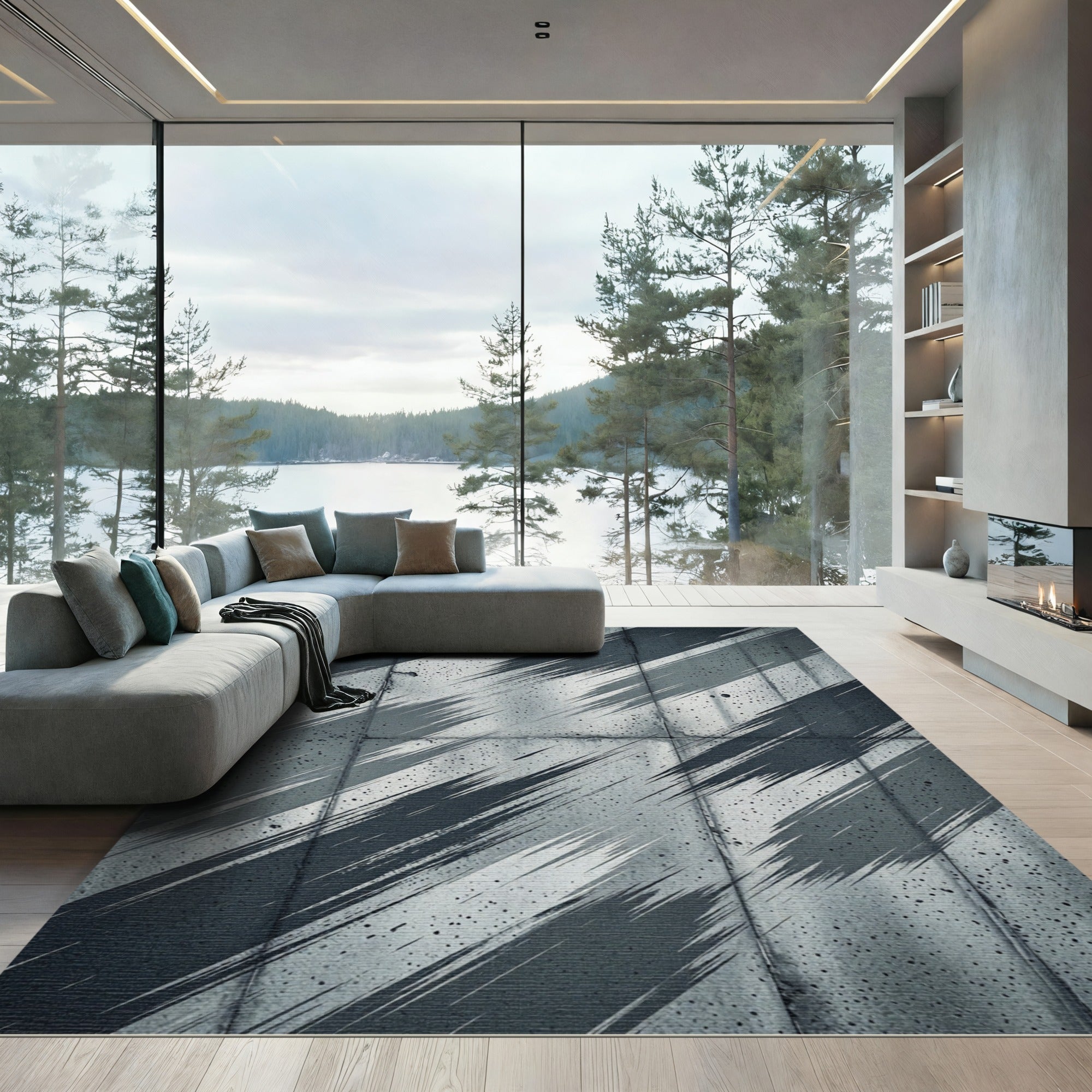 Dramatic Gray Splattered Diagonal Stripes Rug