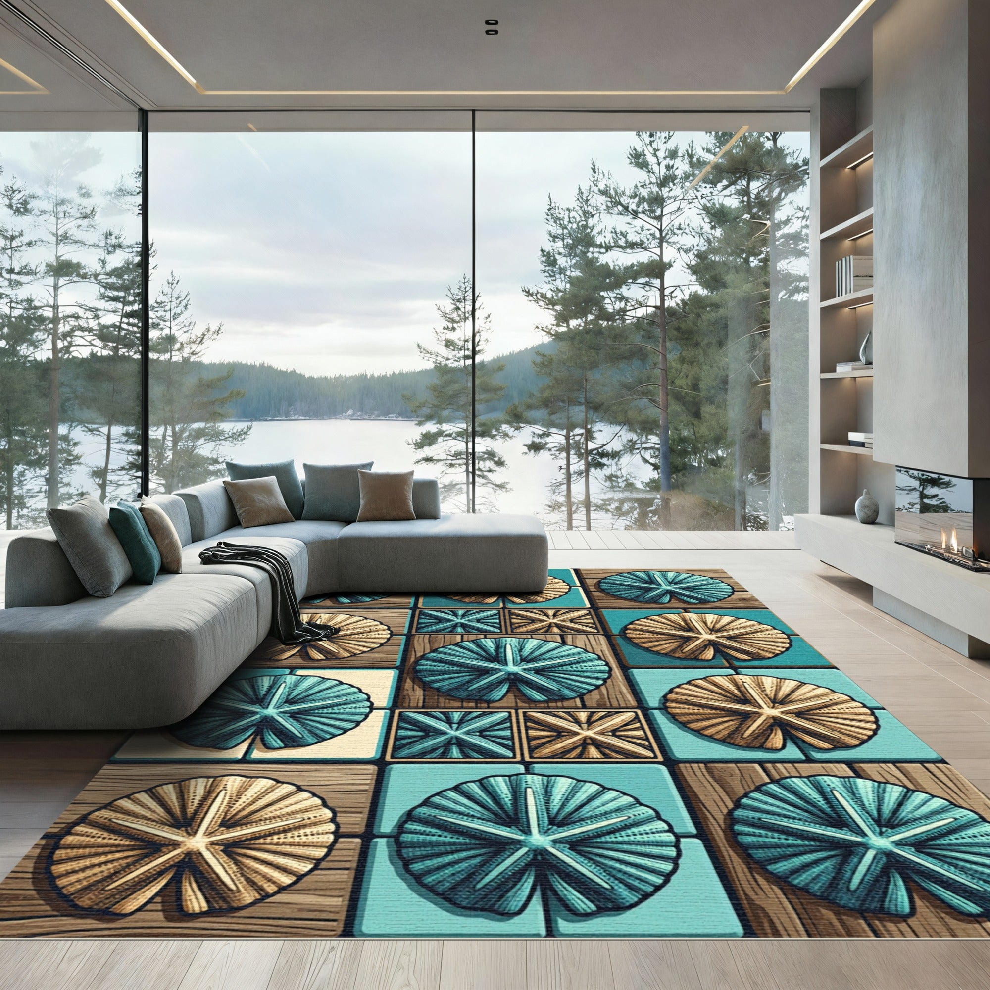 Teal and Golden Sand Dollar Tile Rug