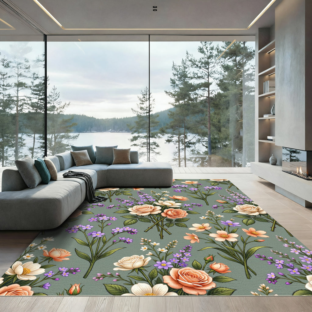 Cream Peach Violet Floral Bouquet Rug