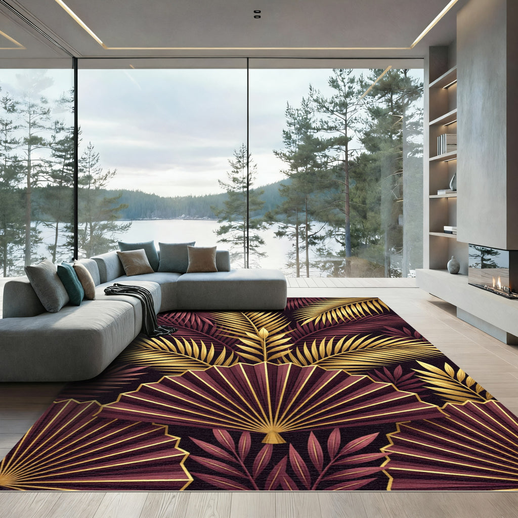 Crimson Gold Tropical Fan Leaf Rug